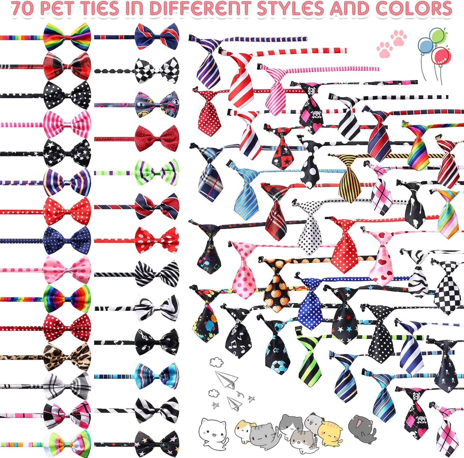 Reginary 70 Pieces Adjustable Dog Bow Ties Set Includes 40 Pet Bow Ties and 30 Neckties Dog Bowties Collars Grooming Accessories for Large Pets Cats Daily Wearing Holiday