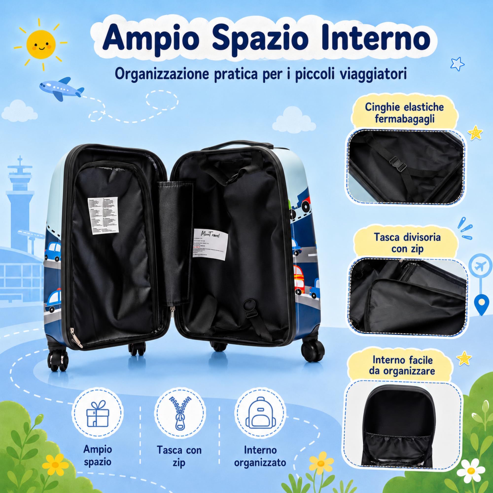 Set Trolley per Bambini 2 Pezzi Valigia Rigida e Zainetto Coordinato Bagaglio a Mano con Ruote Girevoli per Viaggio Scuola e Tempo Libero 46,5x22x32,5 cm Fantasia Traffic