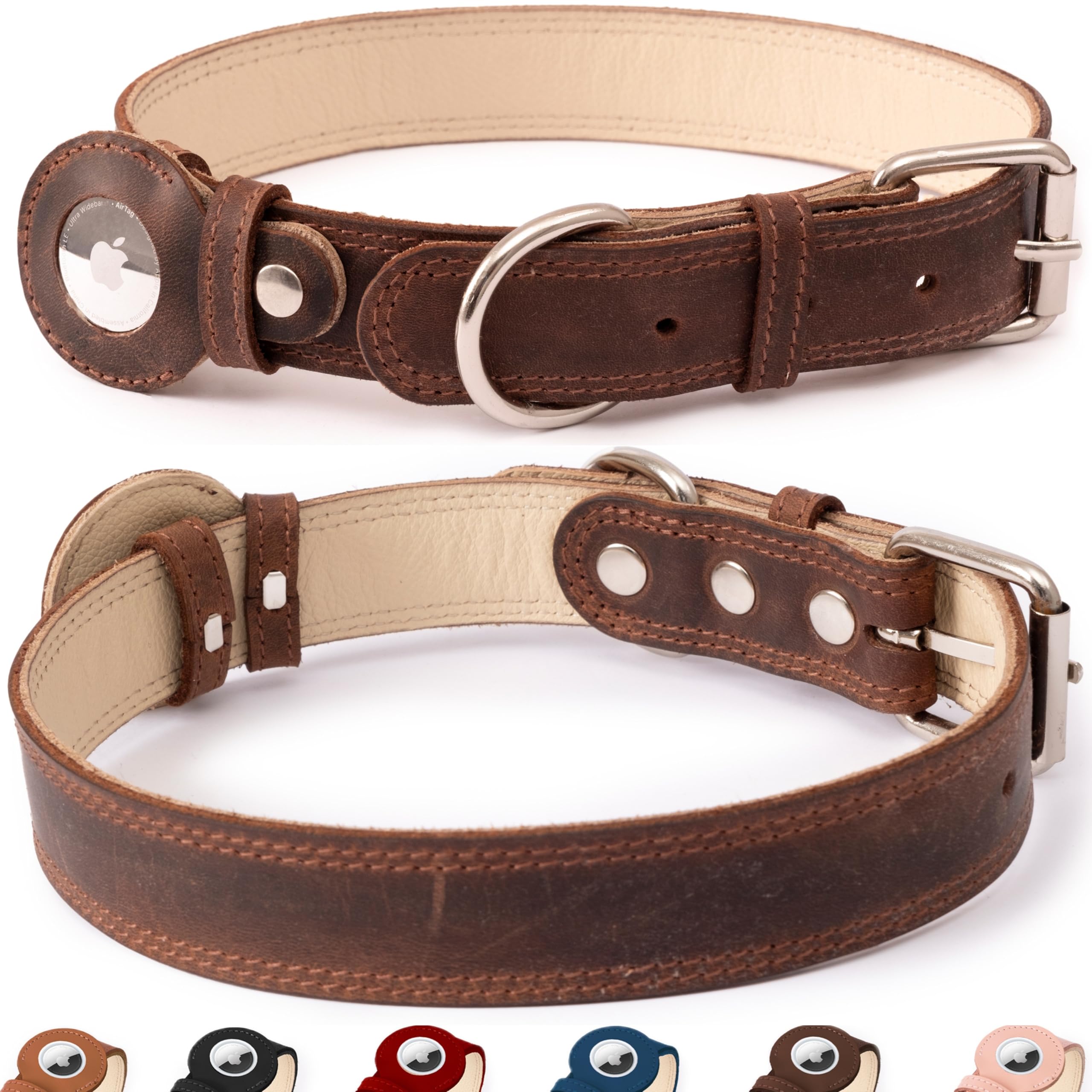 Collier pour chien en cuir véritable avec support Apple AirTag pour chiens de petite, moyenne et grande taille, boucle en métal, collier rembourré en cuir souple pleine fleur robuste (marron foncé,