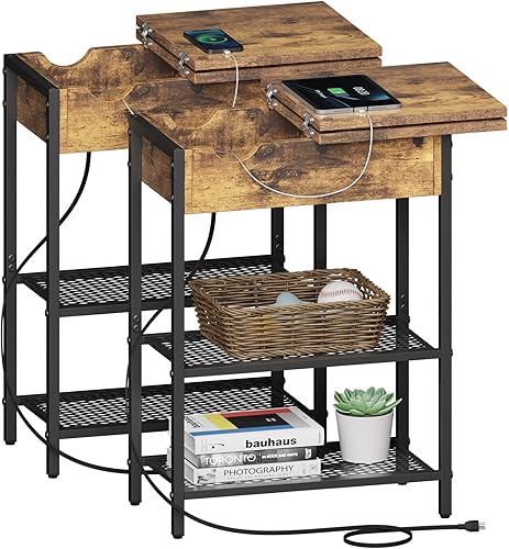 Lifewit Mesitas de noche estrechas con tomas de corriente y puertos USB, cajón superior abatible con estantes de metal y estaciones de carga para