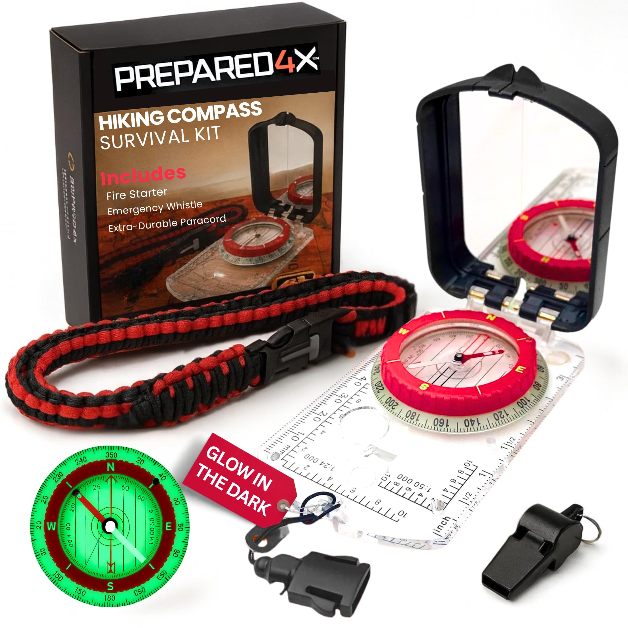 PREPARED4X Hiking Compass Survival – Mirror Sighting Map Orienteering Compass – with 35-Ft 550 Survival Paracord Lanyard, Fire Starter, Whistle, Fishing Line, Tinder Cord