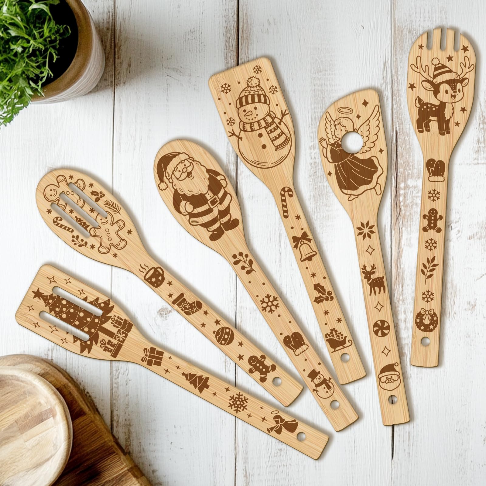 CUTHOLLOW 6PCS Christmas Wooden Kitchen Cooking Utensil Set, Non Toxic Wooden Spoon Set for Cooking, Best Mother's Day Housewarming Christmas Birthday Gift for Women Mother