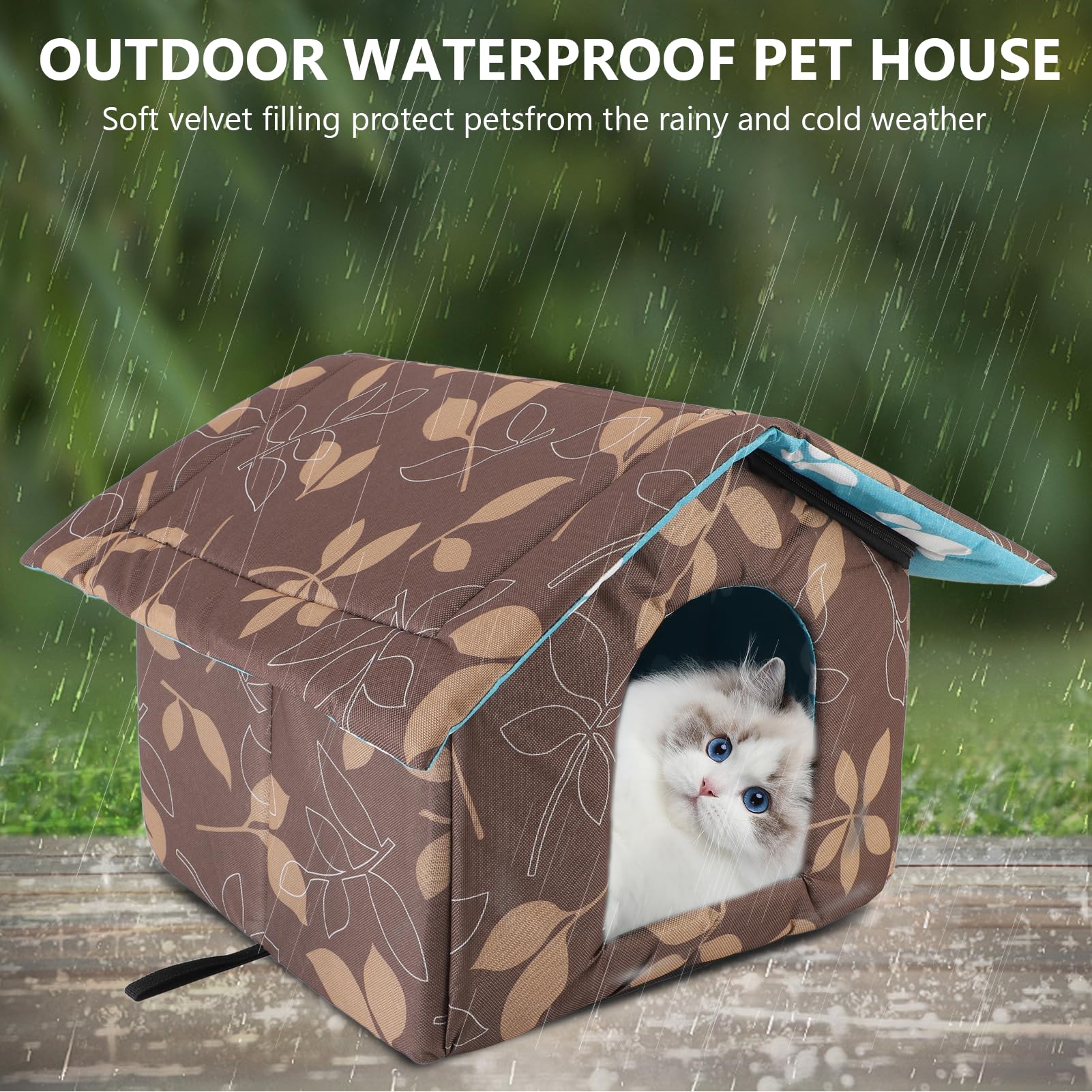 Outdoor Cat House Water Oxford Cloth Warm Cat House Removable Foldable, Outdoor Houses for Feral Cats Dogs (Leaf Pattern, Large House)