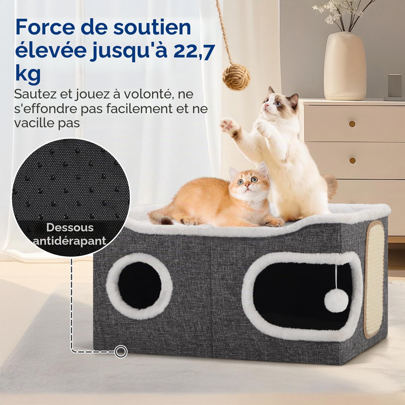 Shikha Niche Pliable pour Chat, Maison d'intérieur pour Grands Chats, 61 x 45 x 32 cm, 2 Couches de Cube pour Chat, XXL avec griffoir et Balle de Jeu,Niche pour Grands Animaux de Compagnie, Gris