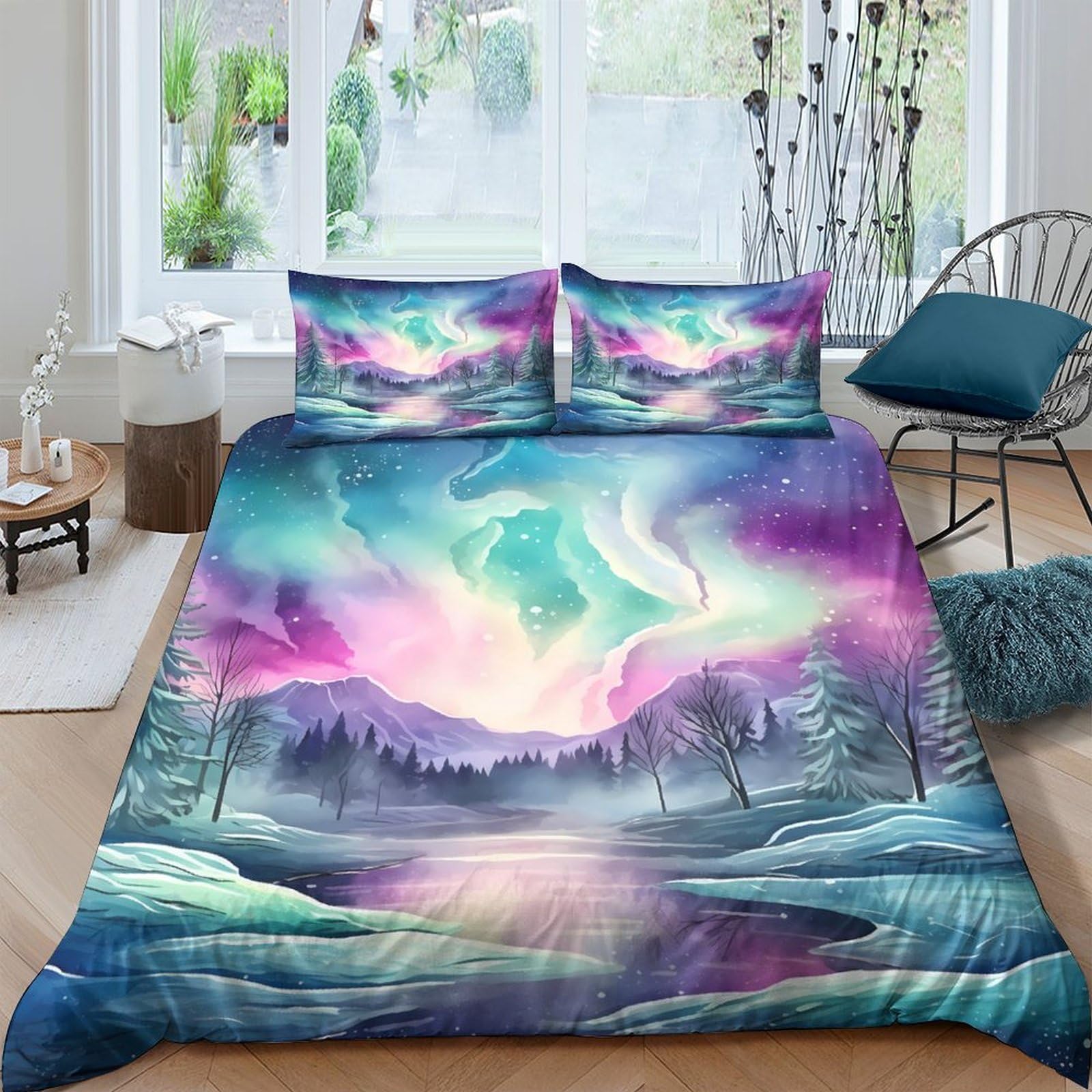 Ctjqhvkz Style-1 3D Printed Northern Lights Fitted Sheet Microfiber Soft Aurora Landscape Mattress Cover For Bedroom Guest Room Decor Protection Single（135X200cm）