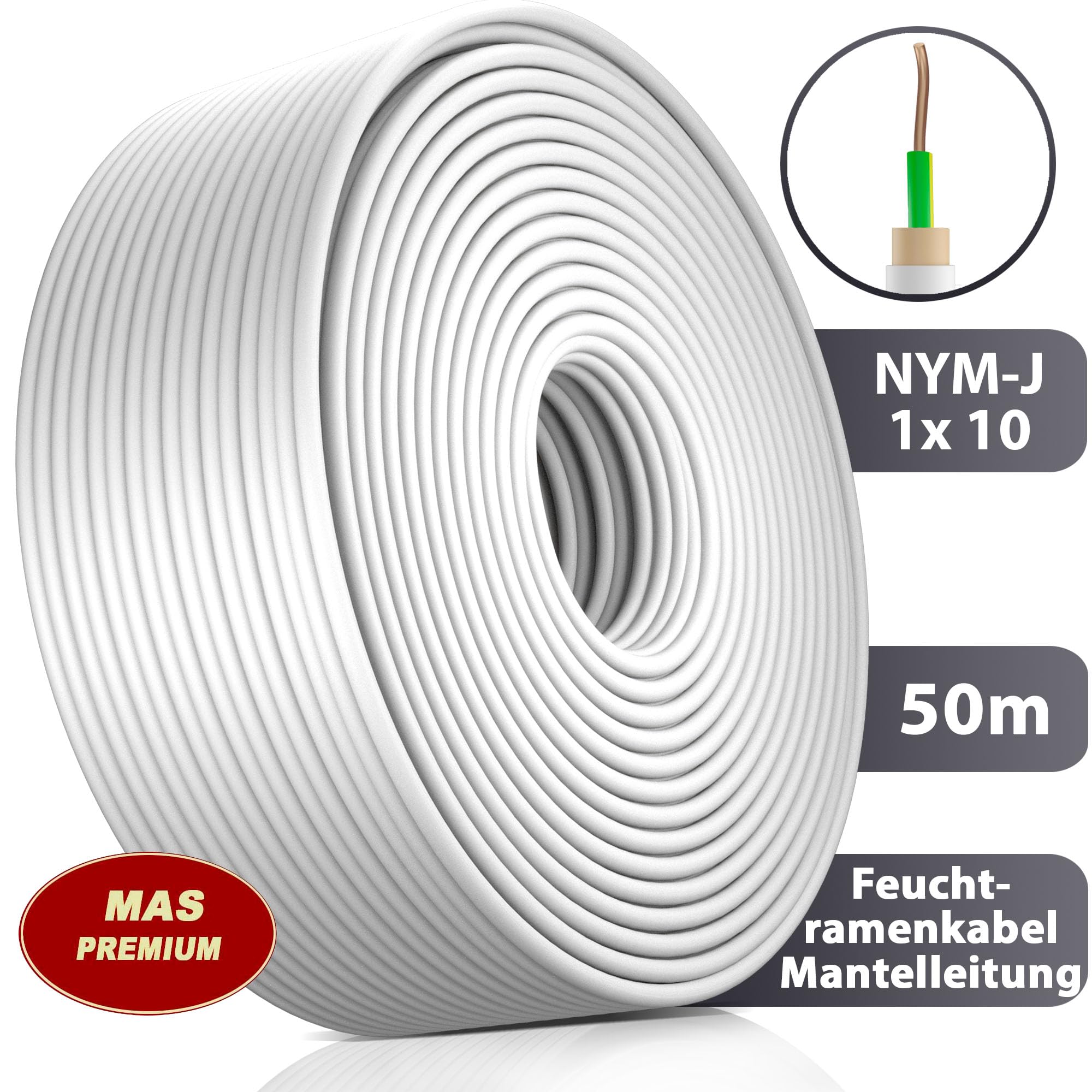 MAS Premium 5-100m Feuchtraumkabel Stromkabel Mantelleitung NYM-J 1x1,5, 2,5, 4, 6, 10, 16 oder 25 Elektrokabel OFC Ring für feste Verlegung (NYM-J 1x10 mm², 50m)