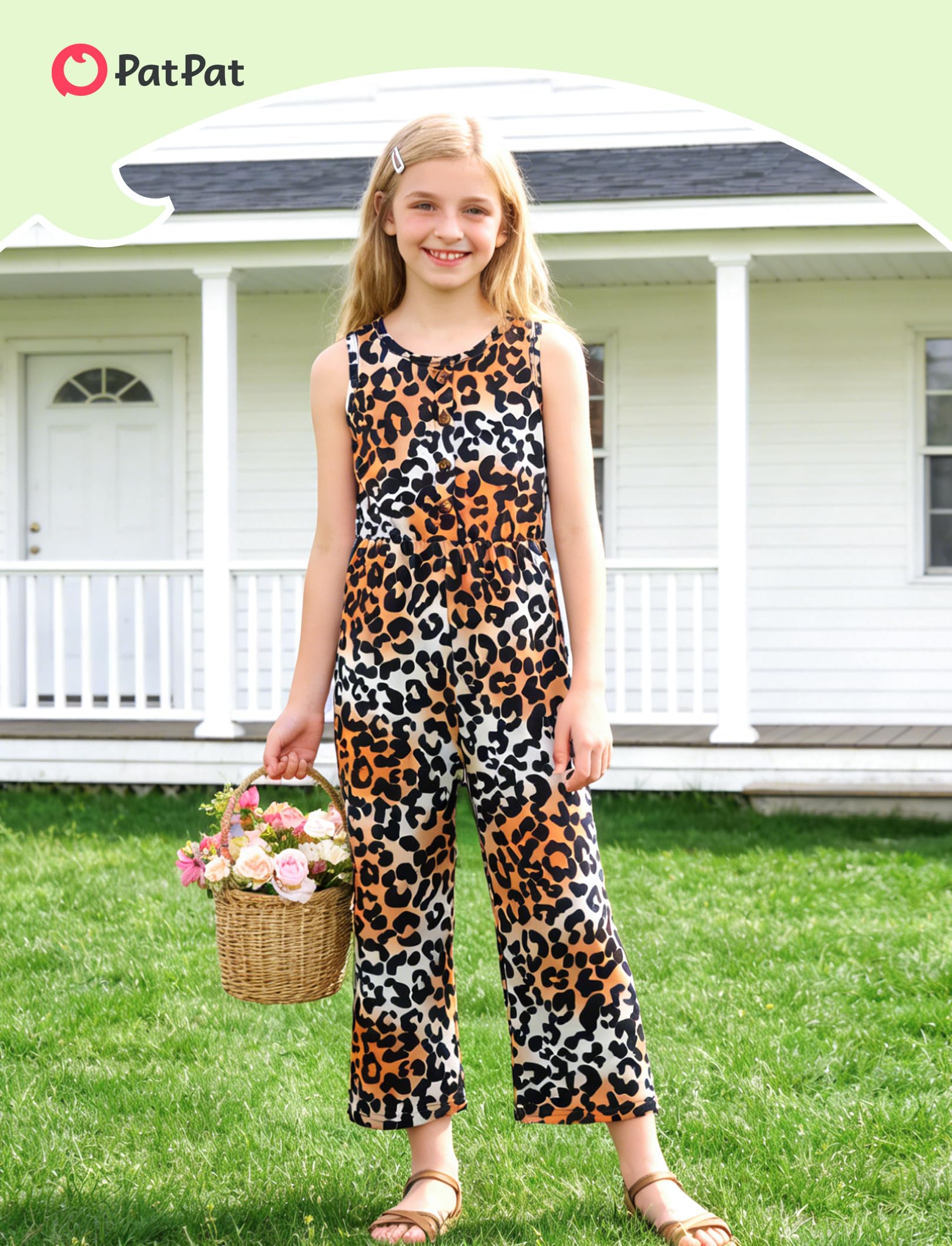 PATPAT Mädchen-Jumpsuits, einfarbig, Blumendruck, Knopfleiste, ärmellos, lange Strampler, Hose mit Taschen, 5–14 Jahre, 3 Stück