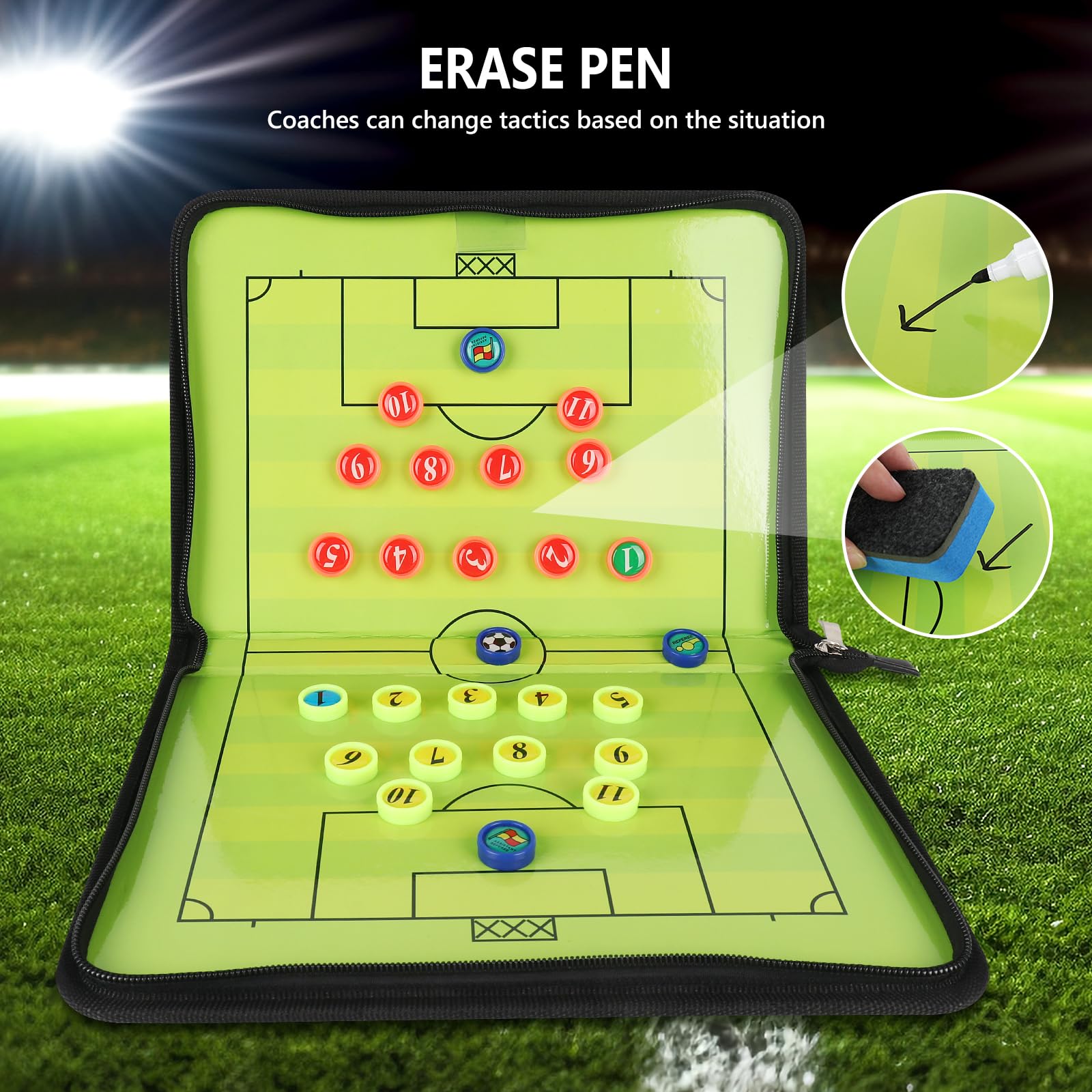 LUFEIS Pizarra Futbol Entrenador, Portátil Pizarra Futbol Entrenador, Carpeta Táctica Plegable con Imanes, Lapiceros, Silbar, Temporizador y Borrador, para Entrenadores Futbol Tablero
