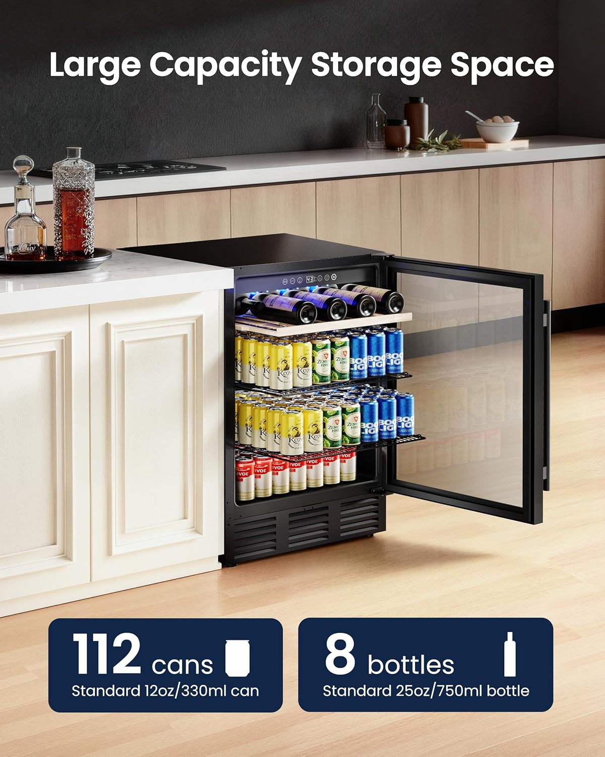 24 In Beverage Refrigerator, 112 Cans & 8 Bottles Wine Fridge with Double-Layer Glass Door, Built-In or Freestanding Wine and Beverage Refrigerator, Under Counter Fridge for Home/Bar/Cafe