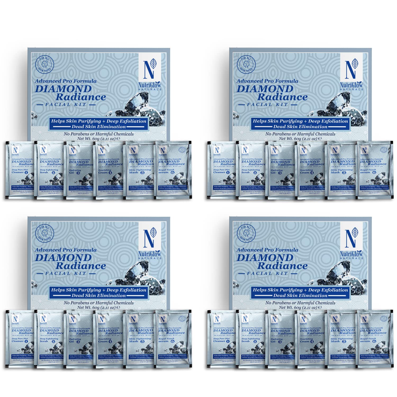 NutriGlow NATURAL'S Advanced Pro Formula Combo Pack of 4 Diamond Radiance Facial Kit 60gm Each For Make Skin Acne & Spot Free,Brightens Up Dull Skin