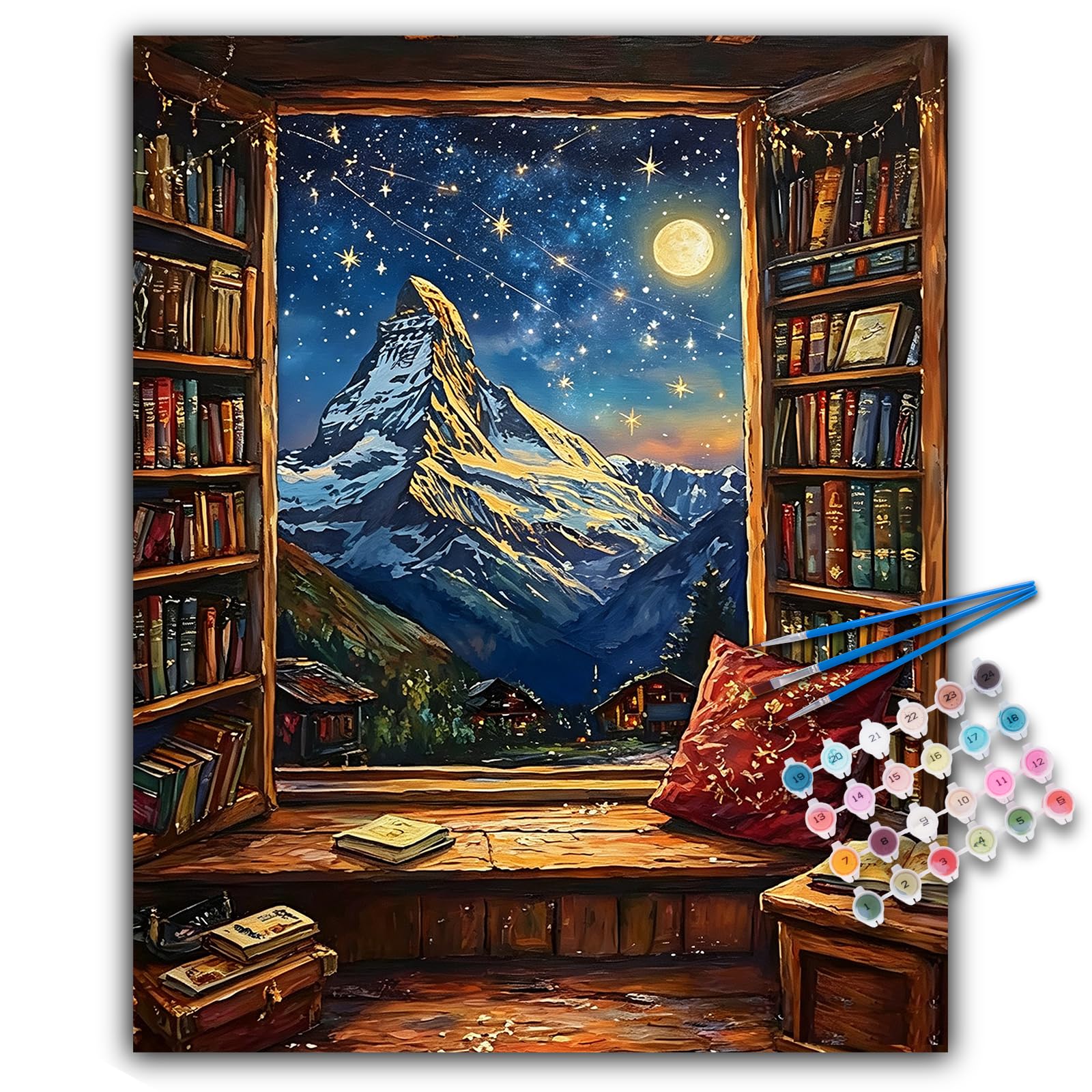 Paint by Numbers for Adults, Mountain Library Starry Night, 16x20 Inch