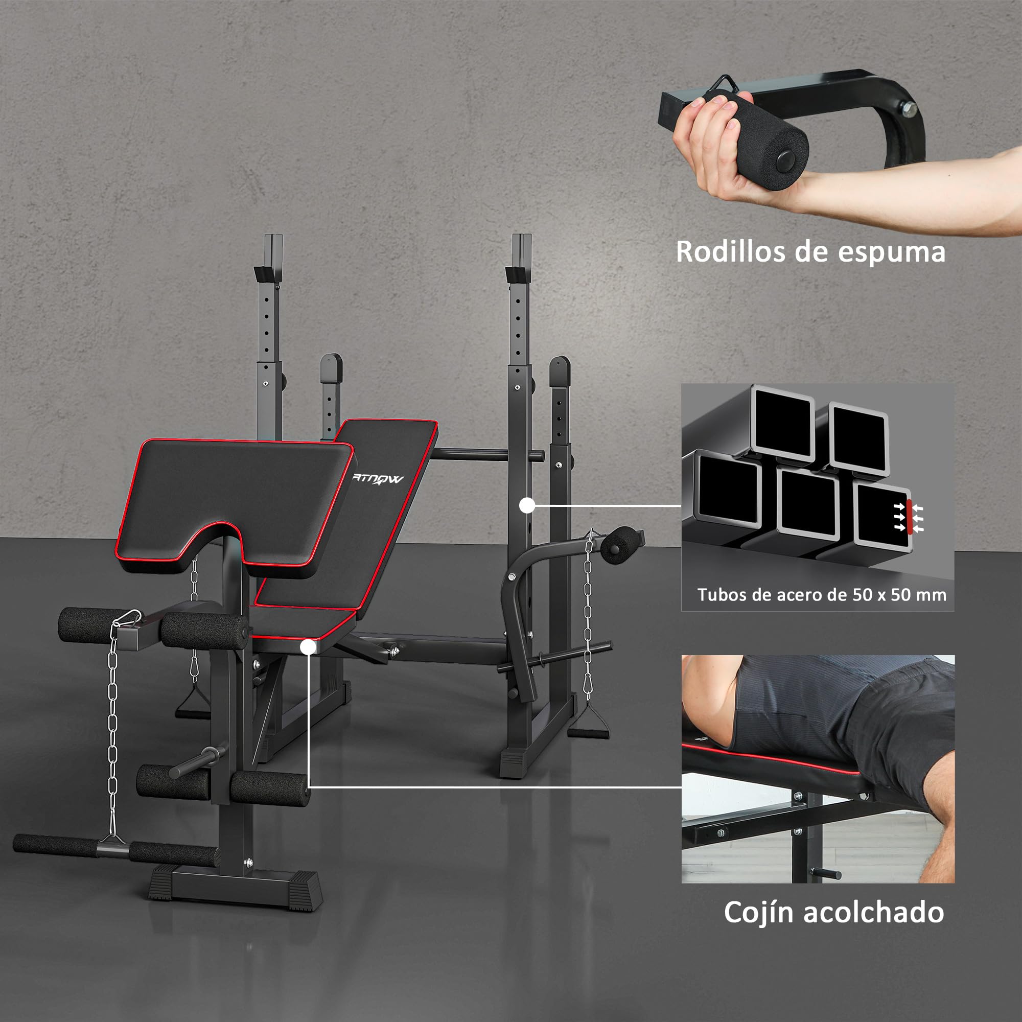 SPORTNOW Banco de Musculación Multifuncional Respaldo Ajustable Negro | Banco de Pesas Multifuncional, Press Banca, Soportes para Barra Regulables, Entrenamiento de Cuerpo, Casa, Gimnasio