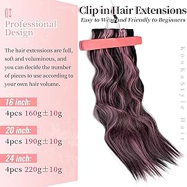 KooKaStyle Clip in Hair Extensions 4PCS Long Wavy Natural & Soft Hairpieces for Women 20 Inch for Women(Natural Black Pink)