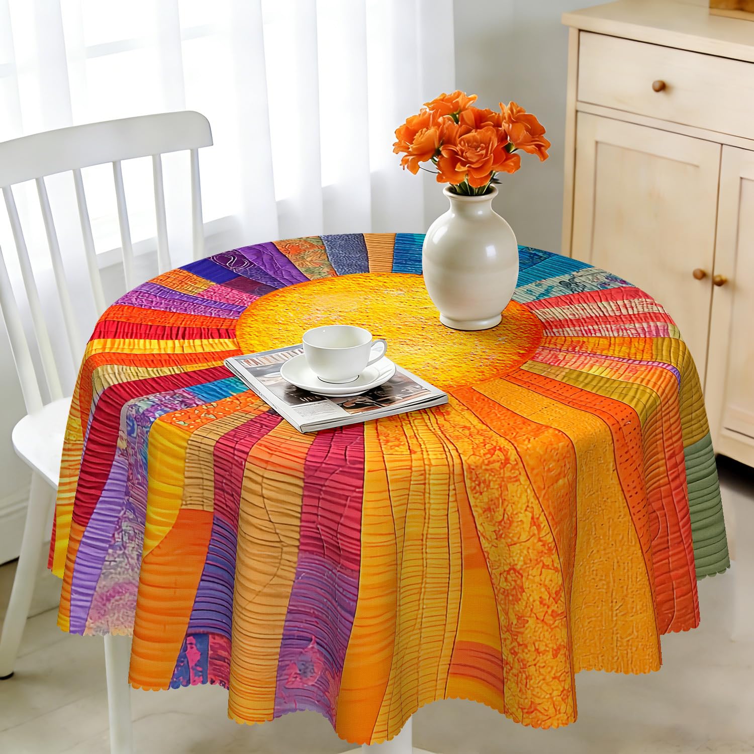 iEvery Sun Stripes Round Tablecloth Wipe Clean 120cm, Wipeable Circular Table Cloth Waterproof Stain-Resistant Polyester Table Cover for 2-4 Seater Dining Kitchen Patio Garden Party Outdoor Decor โ image 1