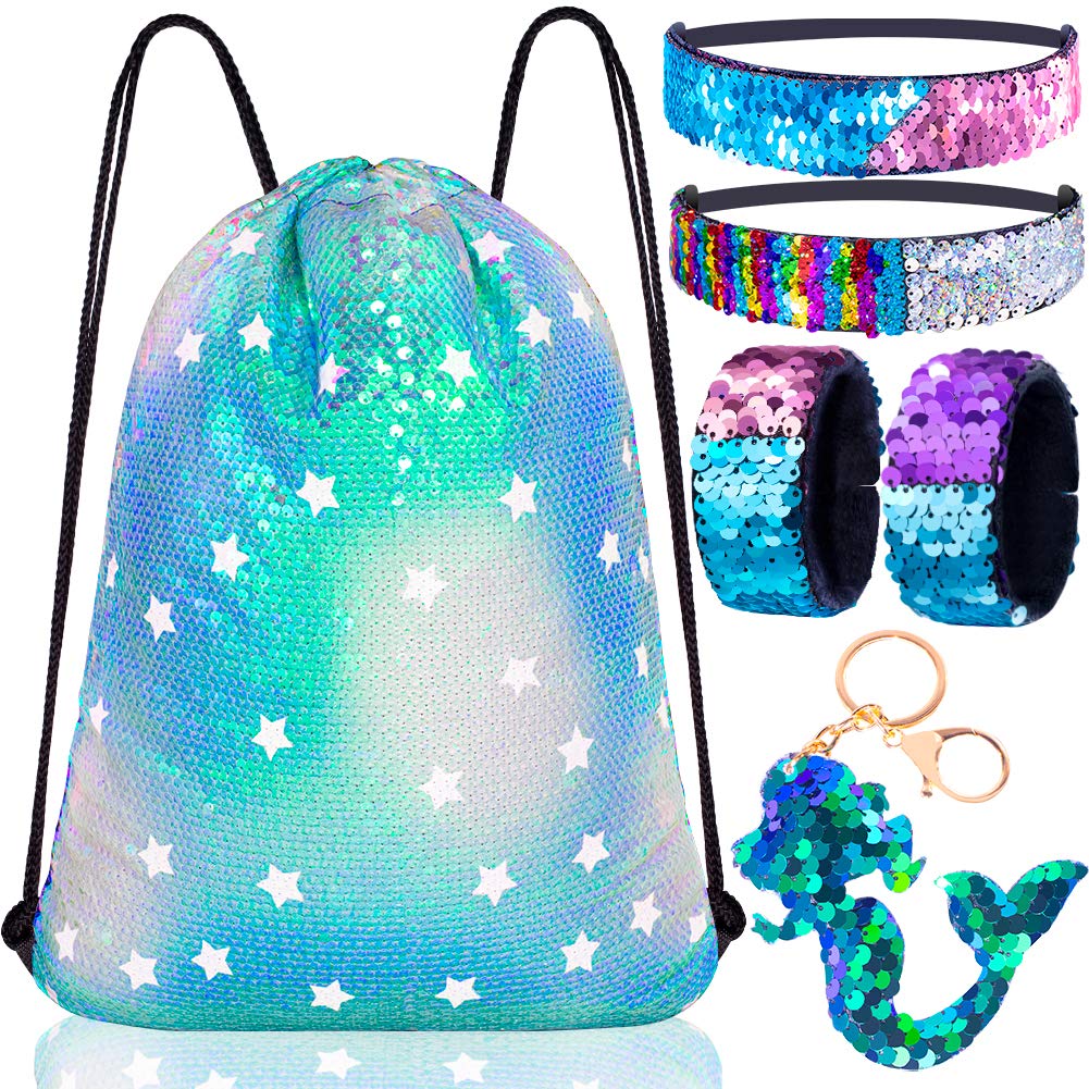 Mermaid Reversible Sequin Drawstring Backpack/Bag Clear Iridescent Sequin+ Star Shape Spotted Green Fabric for Kids Girls One_Size