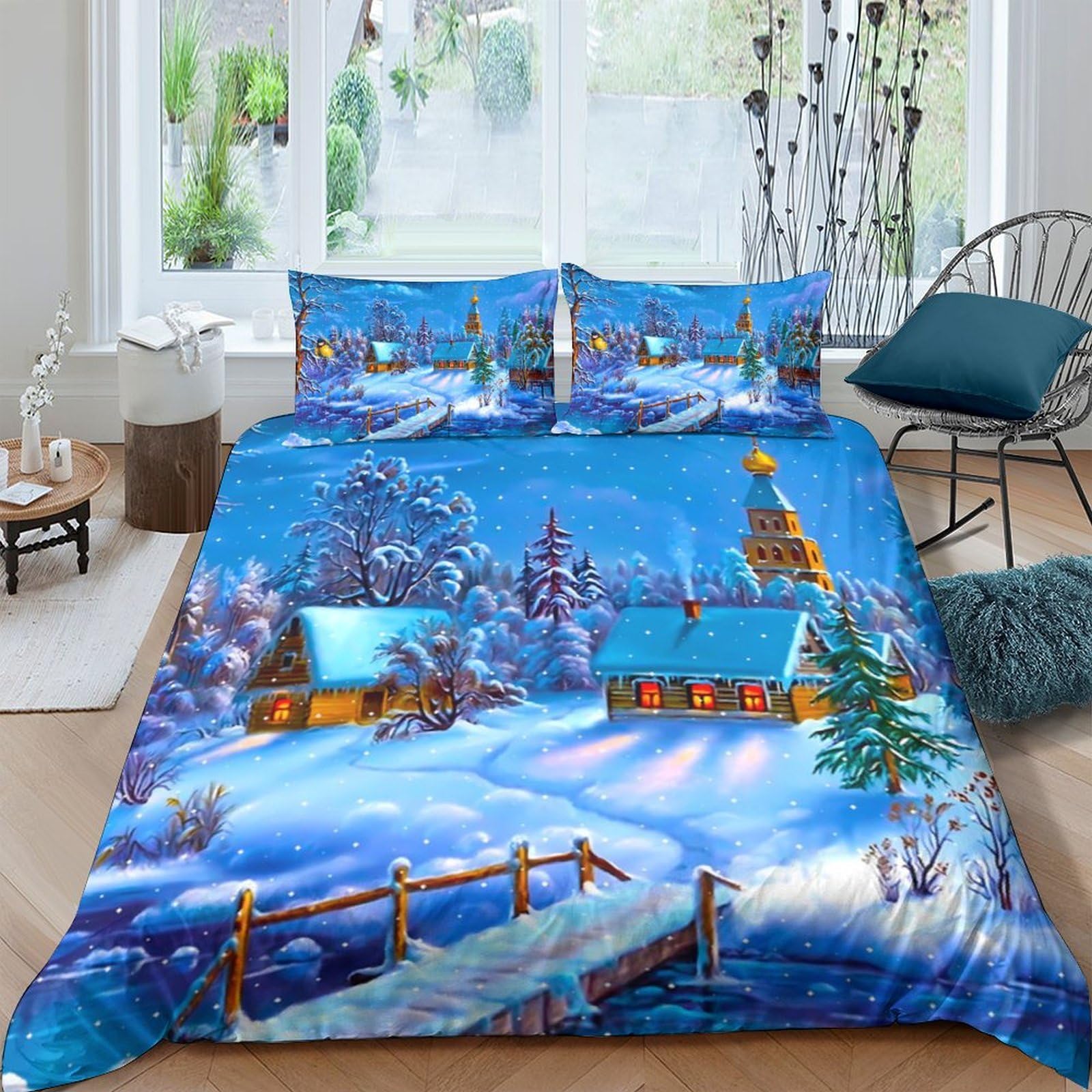 Ctjqhvkz Style-6 3D Printed Winter Village Fitted Sheet Microfiber Blue Snow Landscape Bed Cover For Bedroom Guest Room Protection Single（135X200cm）