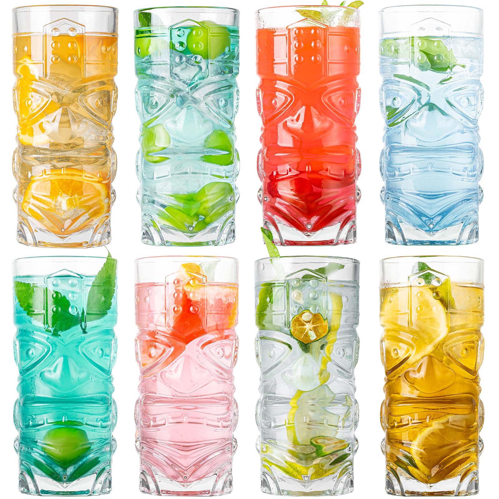 Wookgreat Tiki Glasses Set of 8, 14 oz Modern Bar Cocktail Glasses for Tropical Island Drinks and Hawaiian Parties