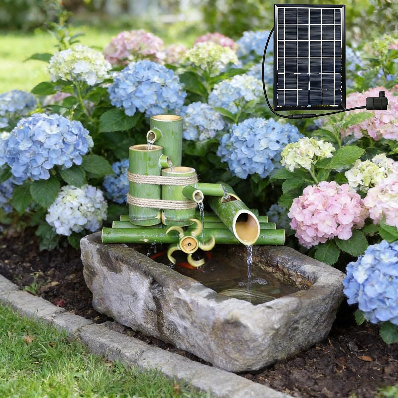 Zestaw bambusowych fontann solarnych, tradycyjna japońska fontanna bujana z pompką, funkcja wody Zen do dekoracji ogrodu