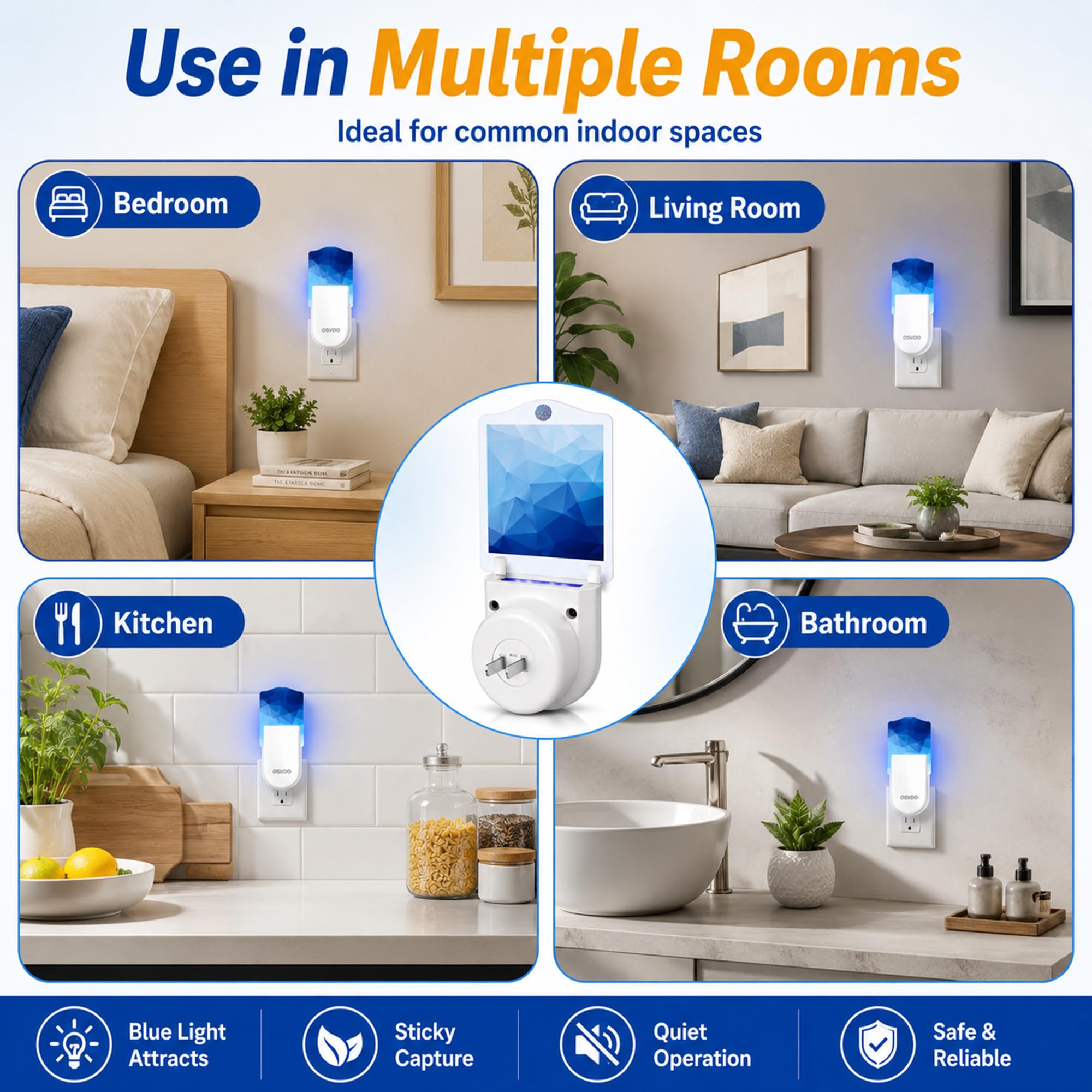 Trampas para moscas de la fruta para interiores (4 dispositivos y 24 tarjetas de pegamento), atrapamoscas voladoras con luz UV azul para mosquitos, moscas de casa, polillas, atrapamoscas de 400 pies