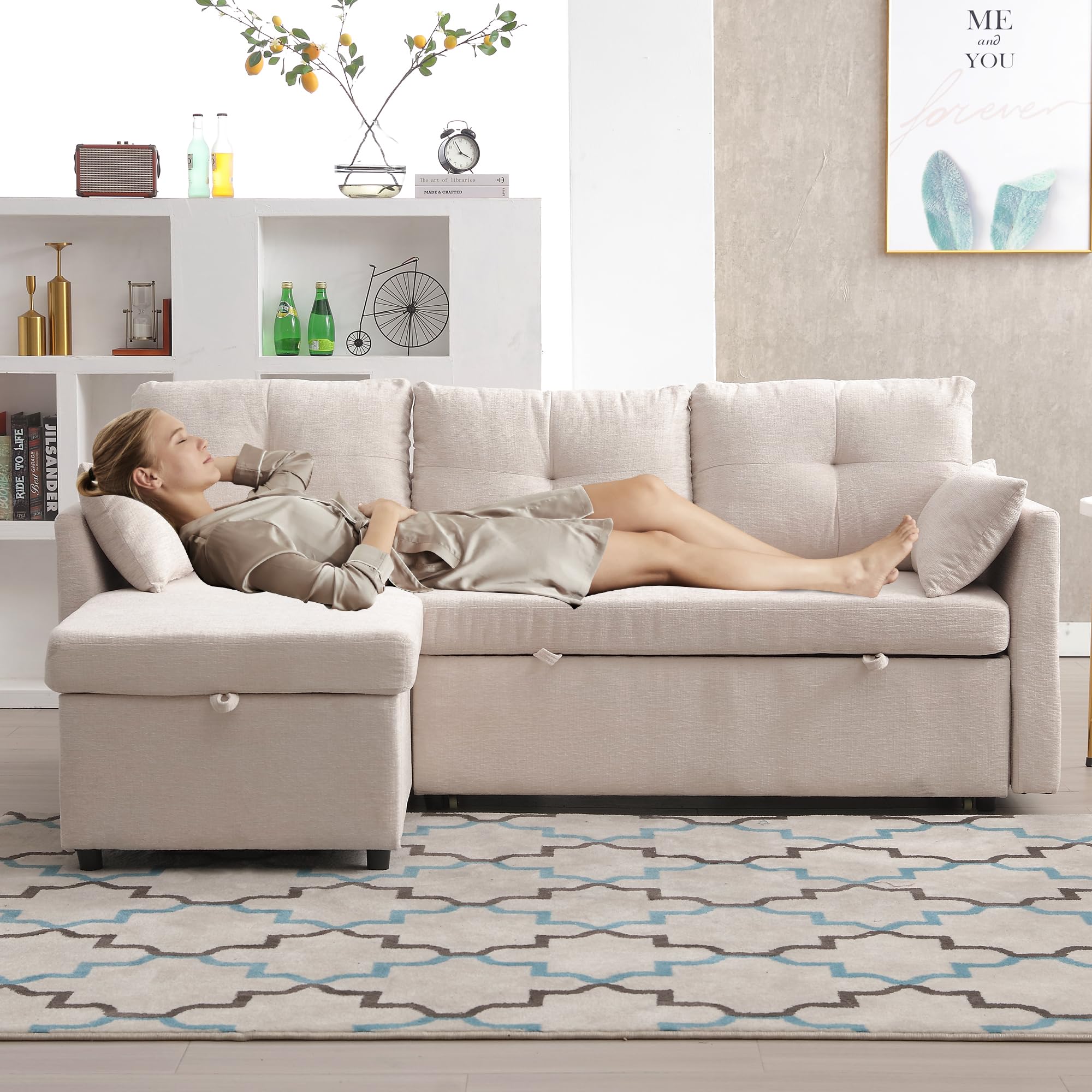 YESGIGA Sofá cama multifuncional con espacio de almacenamiento y cama nido, sofá diván intercambiable chaise longue, sofá seccional con asientos de almacenamiento (beige+poliéster)