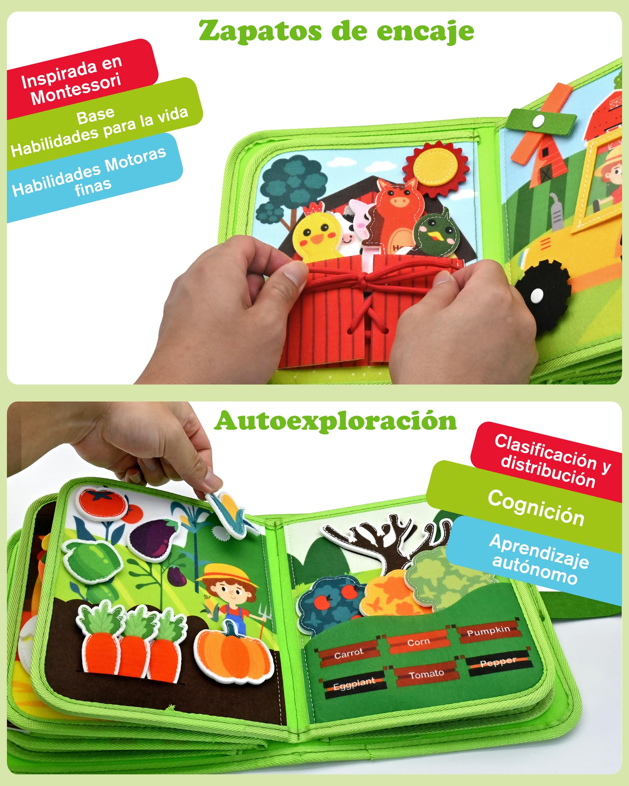 Meafeng Montessori 1 año, 20 en 1 Busy Board de Actividad, Libro Interactivo Juguetes Montessori para niños 1 2 3 4 5 6 años, 10 páginas Animales Granja — view 5
