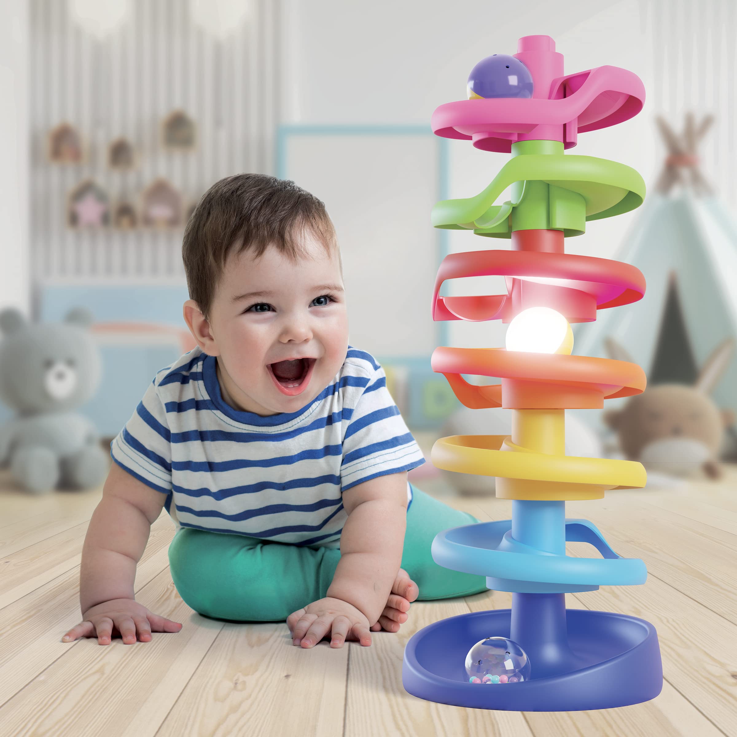 Quercetti: Spiral Tower Brightball - 10pc Swirling 3 Ball Run Toy, Light-Up Ball, Colorful Stacking, Interactive Building Play, Baby & Toddlers 1+
