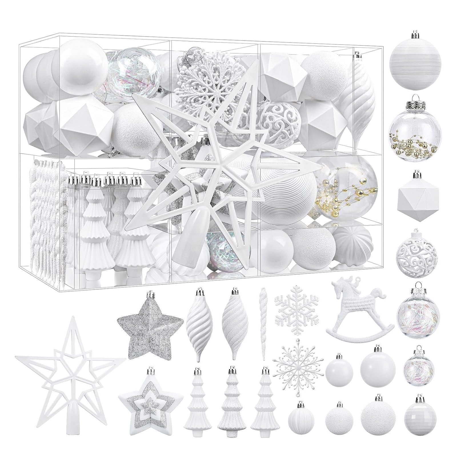 SHareconn 100 Stück Weihnachtskugeln Plastik Kunststoff Set, Weiß | Weihnachtsbaumschmuck Kunststoff, Bruchsicher, Leicht, mit Lanyards, Einfach Aufhängen, Weihnachtsdeko Aussen Innen