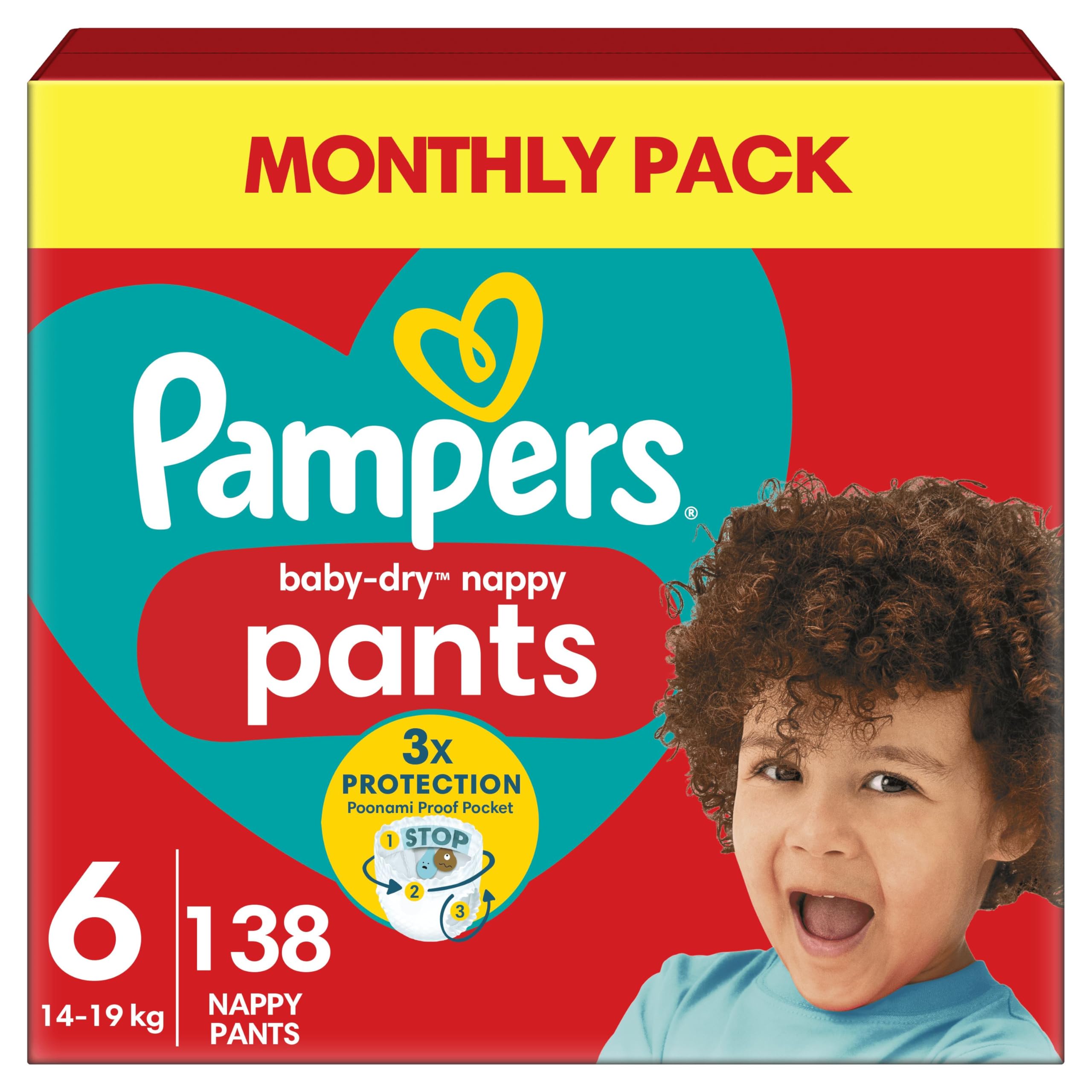 Pampers Baby-Dry Nappy Pants Size 6, 138 Nappies, 14kg-19kg, Monthly Pack, 360° Fit To Help Prevent Gaps And Leaks