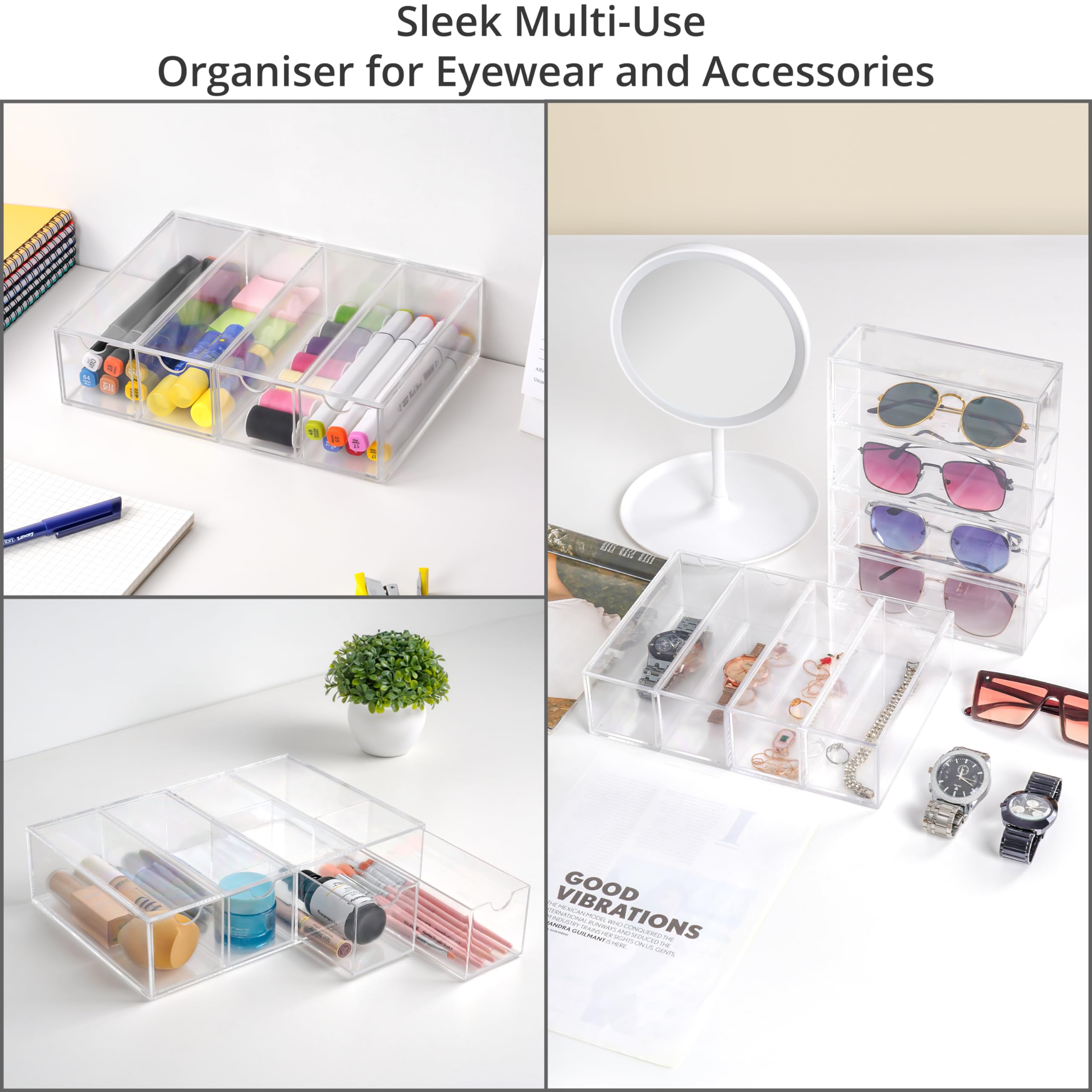 Winter Shore Organizer na Okulary z Akrylu z 4 Szufladami [Zestaw 2szt.] - Przezroczysty Pojemnik na Okulary, Okulary Przeciwsłoneczne i Akcesoria - Zestaw 2 Stosowalnych Organizerów na 8 Par Okularów