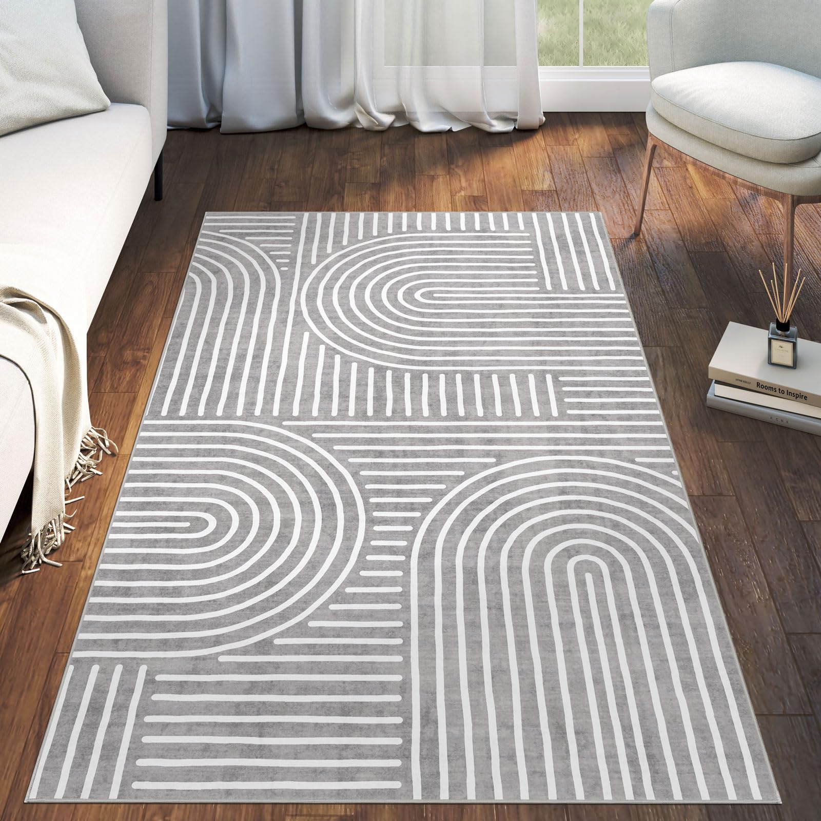 Alfombra lavable de 3 x 5 – Alfombra pequeña antideslizante gris abstracta arco iris alfombra de cocina moderna bohemia alfombra p