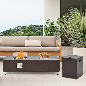 56" Propane Fire Pit Table with Ice Bucket,50000BTU Fire Table with 13" Square Drink Ice Bucket Wind Guard, Fire Glass Beads & CSA Safety Certified Outdoor Firepit for Patio Garden