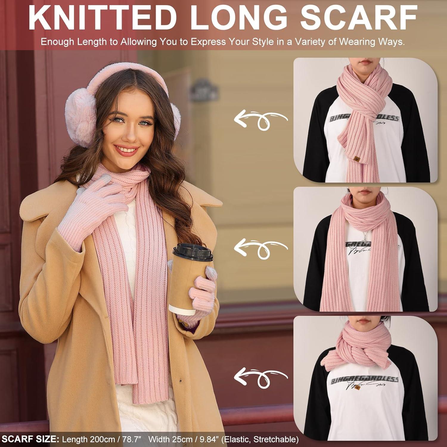 Winter Beanie Hats Scarf Touch Screen Gloves Fuzzy Socks Ear Muffs 5pcs Set for Women Winter Ski Outing Set - Image 4