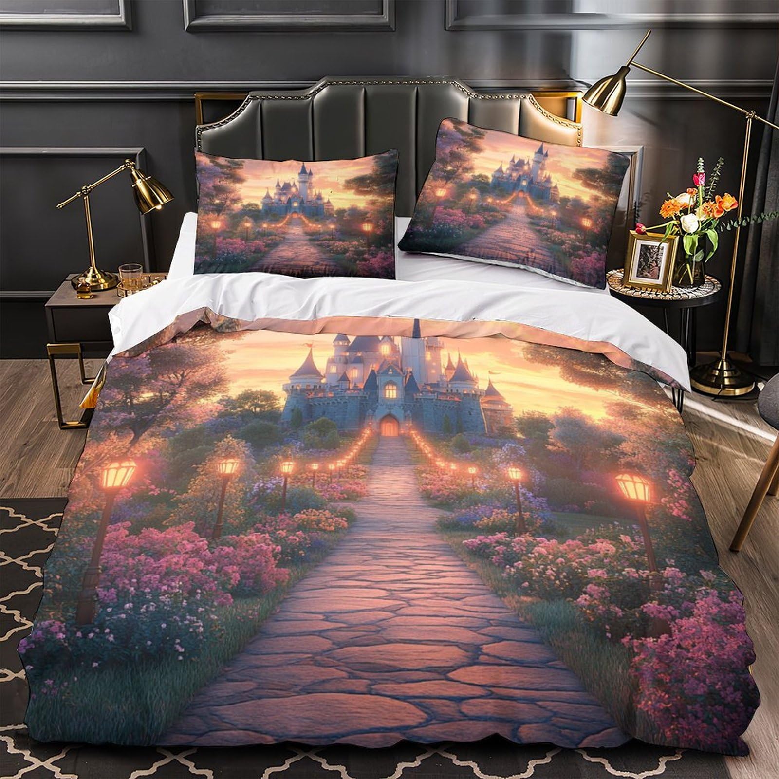 Drap de couette fantastique 3D château paysage magique avec 2 taies d'oreiller
