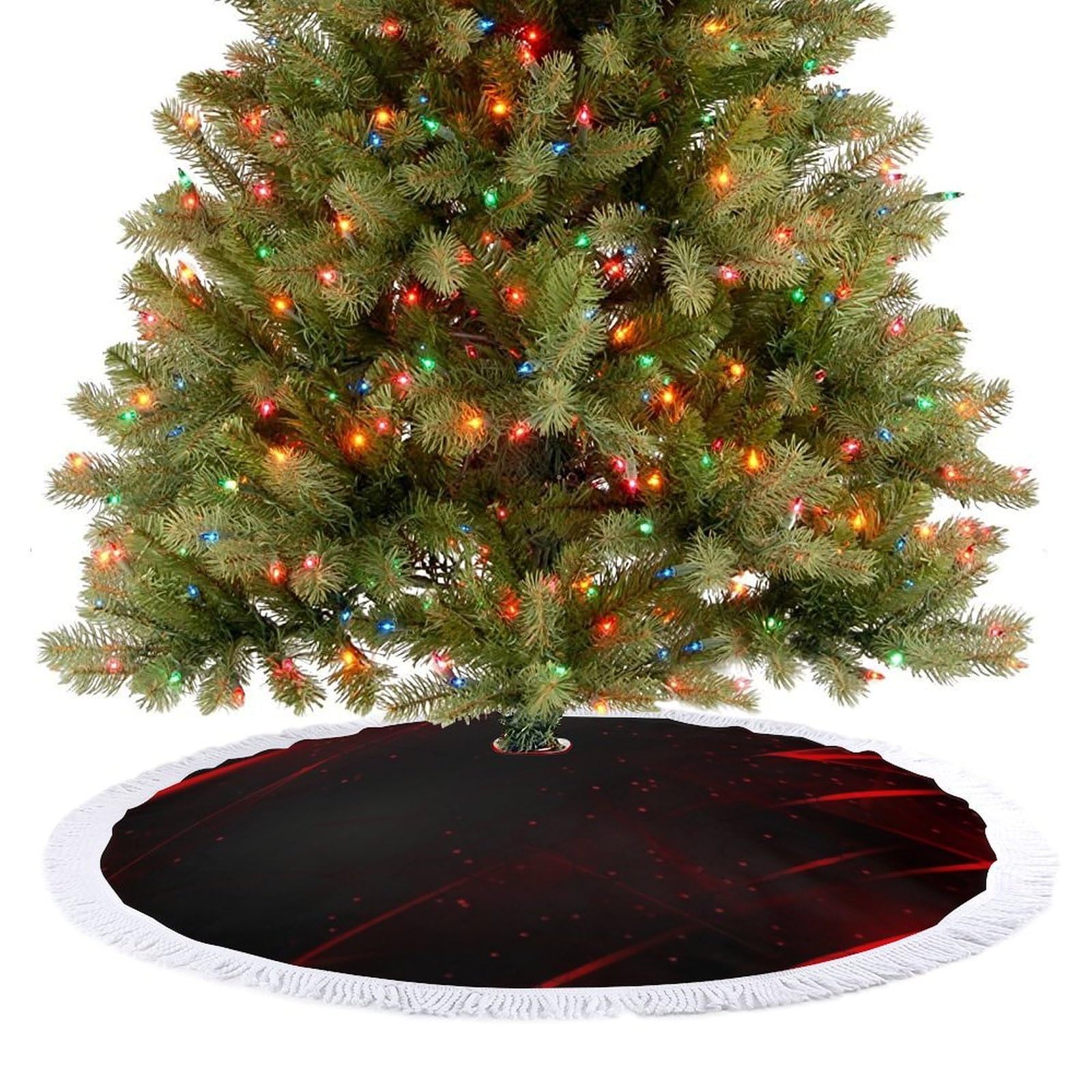 Black and Red Background Christmas Tree Skirt 30"x30" Rustic Xmas Tree Mat with Tassel Ornament Christmas Trees Cover Skirt Mat for Evergreen Trees Ornament Winter Holiday Mats Decorations