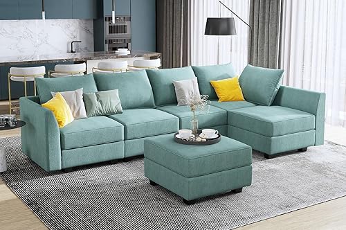 Miniatura 7 de HONBAY Módulo otomano cuadrado para sofá modular seccional, reposapiés otomano de almacenamiento y cubo de asiento, azul aguamarina