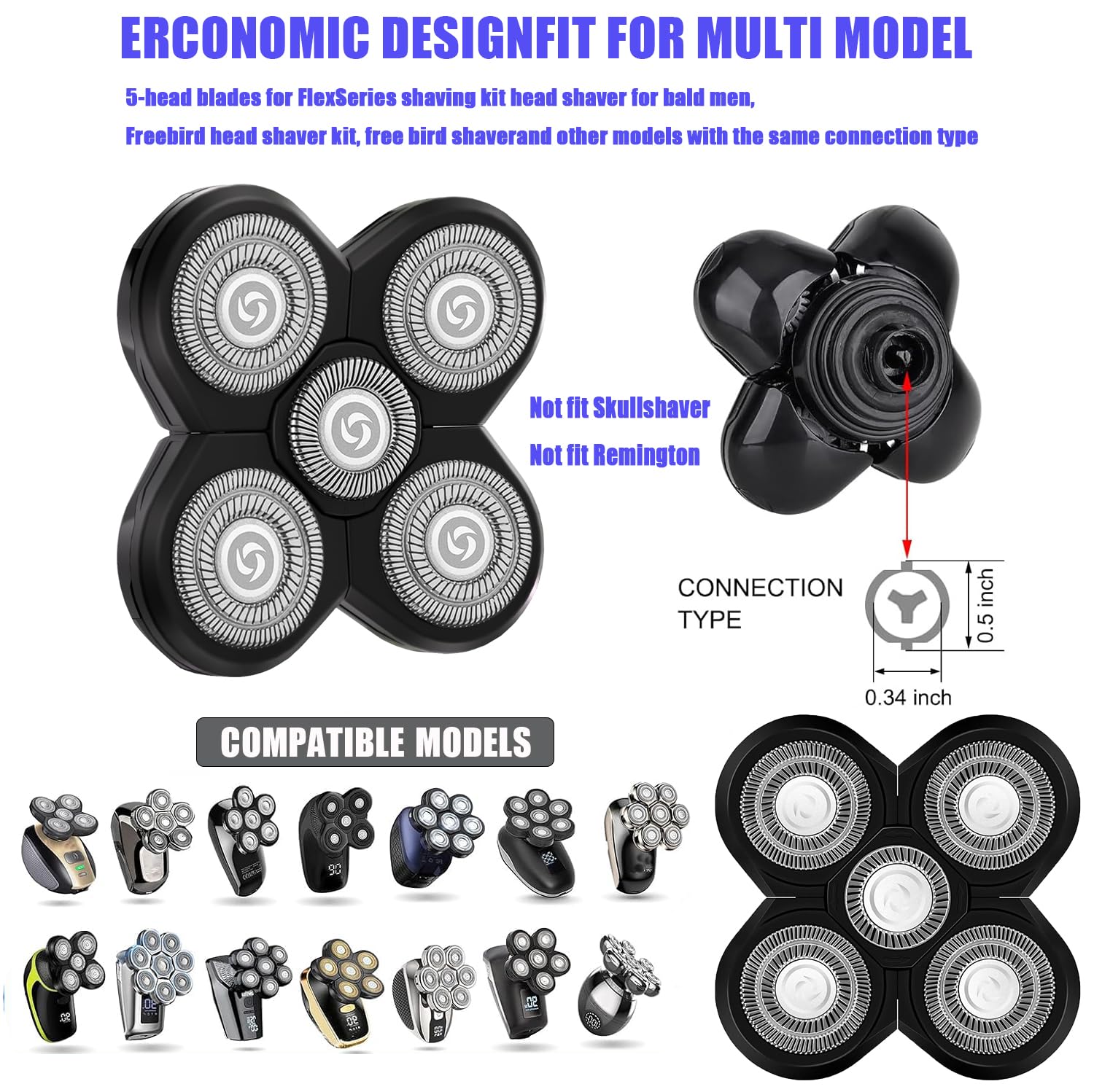 Fre*Bird 4PCS 5 Head Shaver Replacement Blades for Bald Men, Electric Head Hair Shaver (Black/4PCS) - Image 2