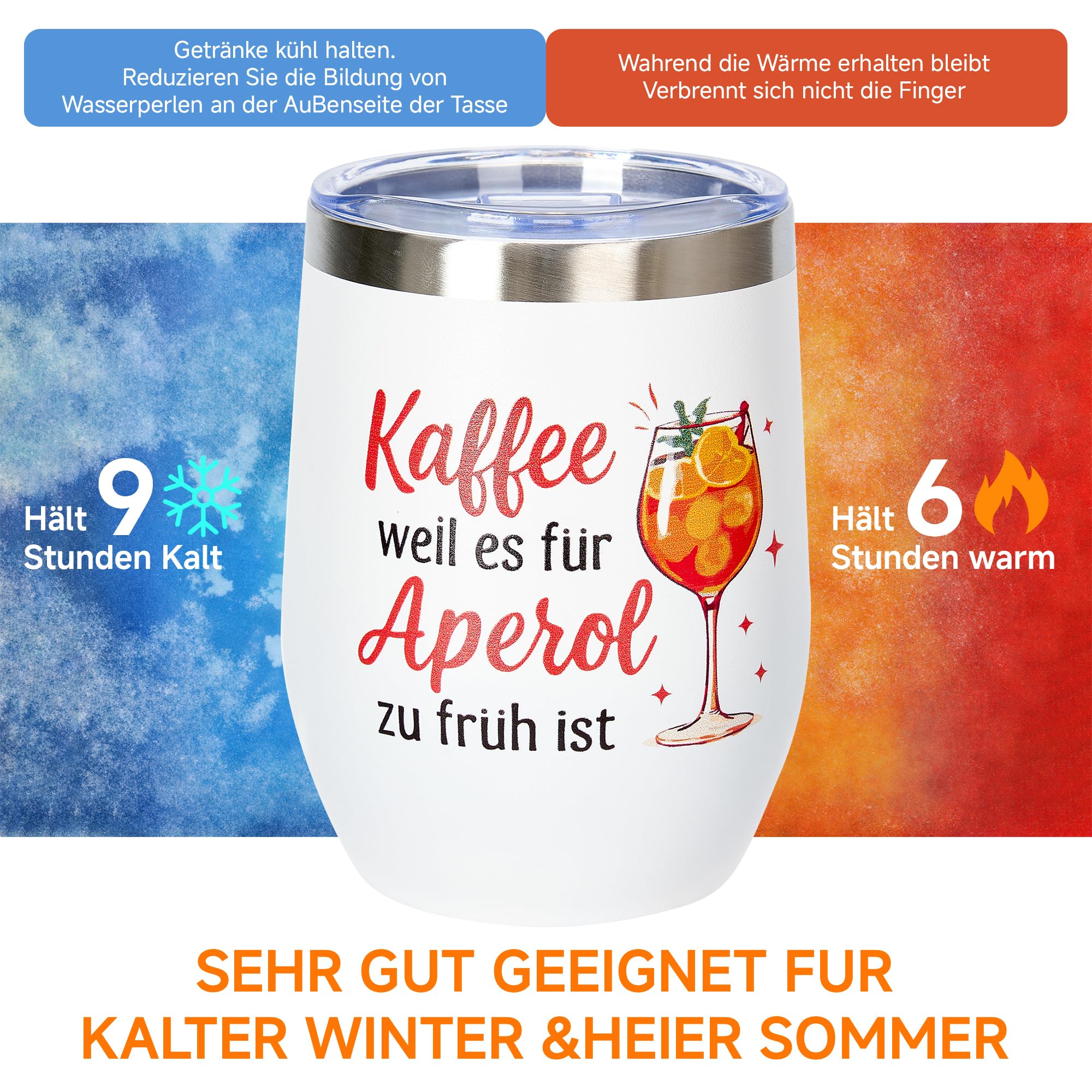 3-teiliges Spritz-Geschenkset für Apéro– Edelstahl Weinbecher 350 ml mit Deckel & Strohhalm, XXL Jute Strand-/Geschenktasche 32×22×13 cm, Premium Geburtstagskarte – Sommer, Party, Freundin, Damen
