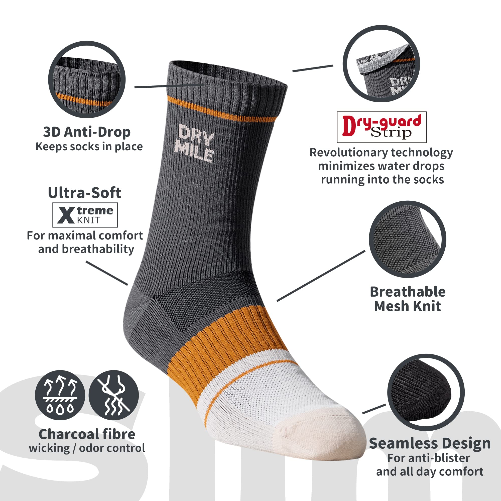 DRYMILE Slim Waterproof Socks, Soft Charcoal Yarn, Optimized Breathability and Odor Control, All-Season Outdoor Activities - Crew (L, Charcoal and Khaki)