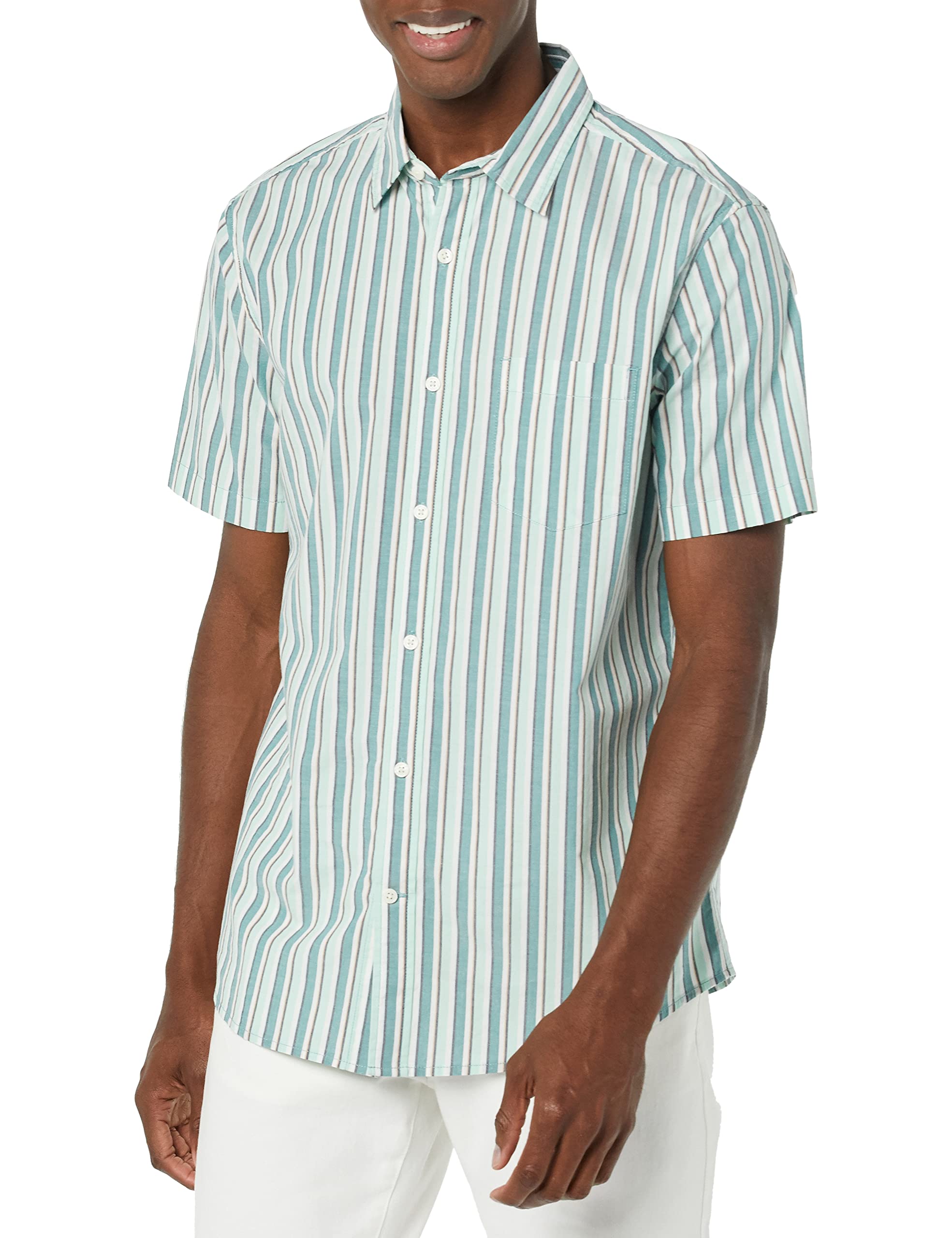 Amazon Essentials Men's Short-Sleeve Regular-Fit Stretch Poplin Shirt Shirt, -Teal/Multicolor, Stripe, Medium