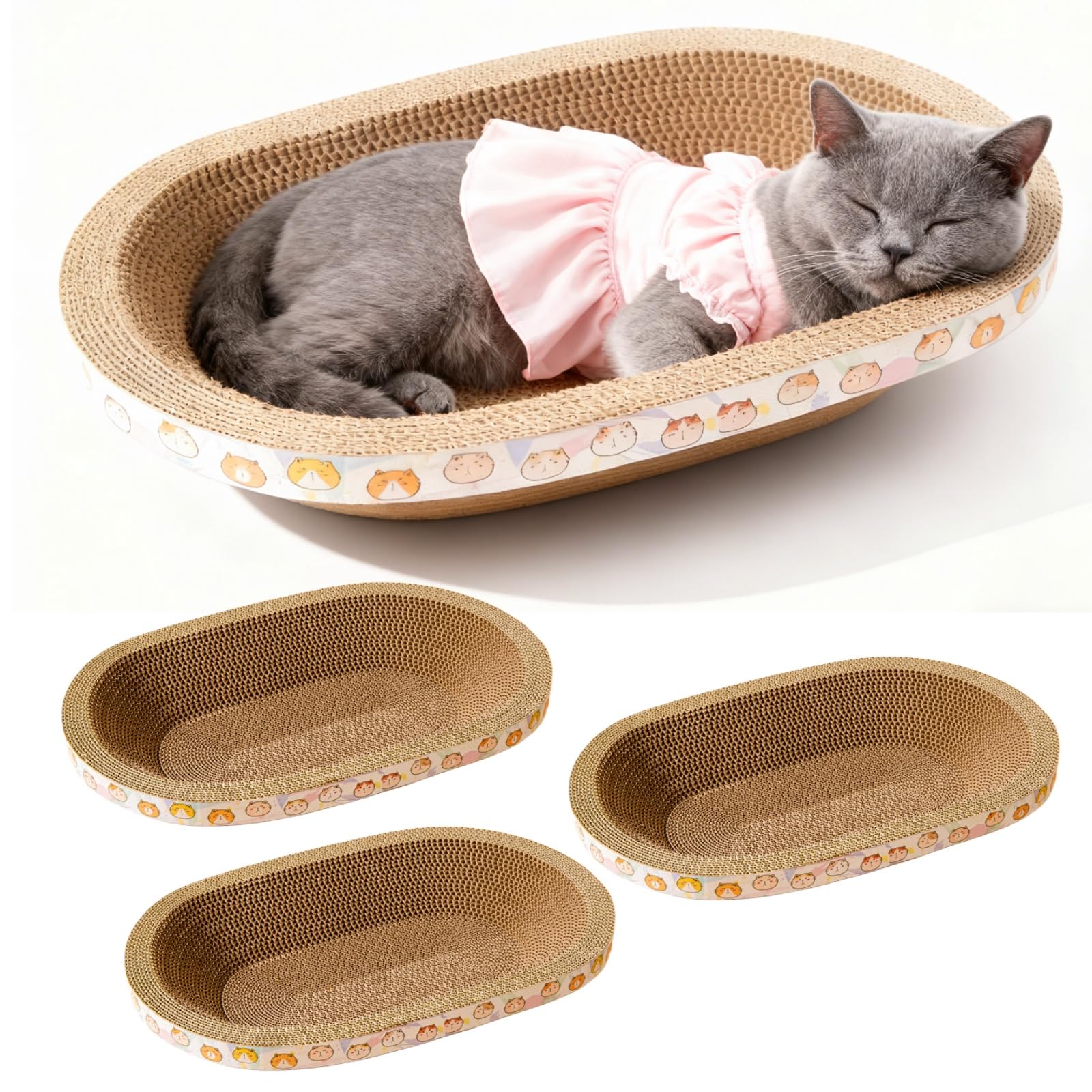 Pack de 3 Rascadores de Cartón para Gatos - Cama Rascador Ovalada Grande, Cojín para Interiores, Protector de Muebles en Forma de Nido - Cuidado de Uñas