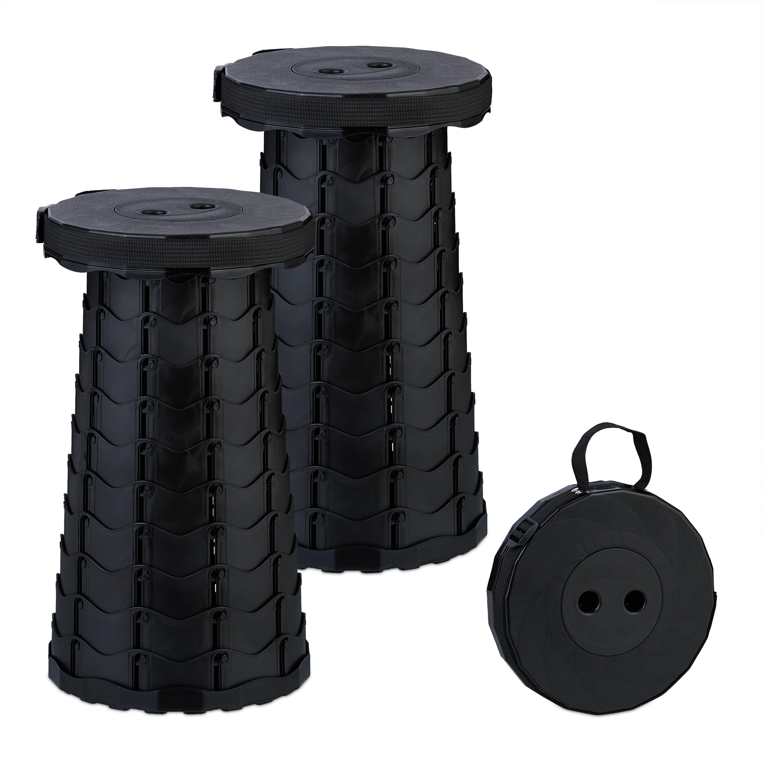 Relaxdays Set of 2 Telescopic Stools, Folding Camping Stool with Strap, Height Adjustable, 5 x 25 cm, Black, 44.5 x 25 cm