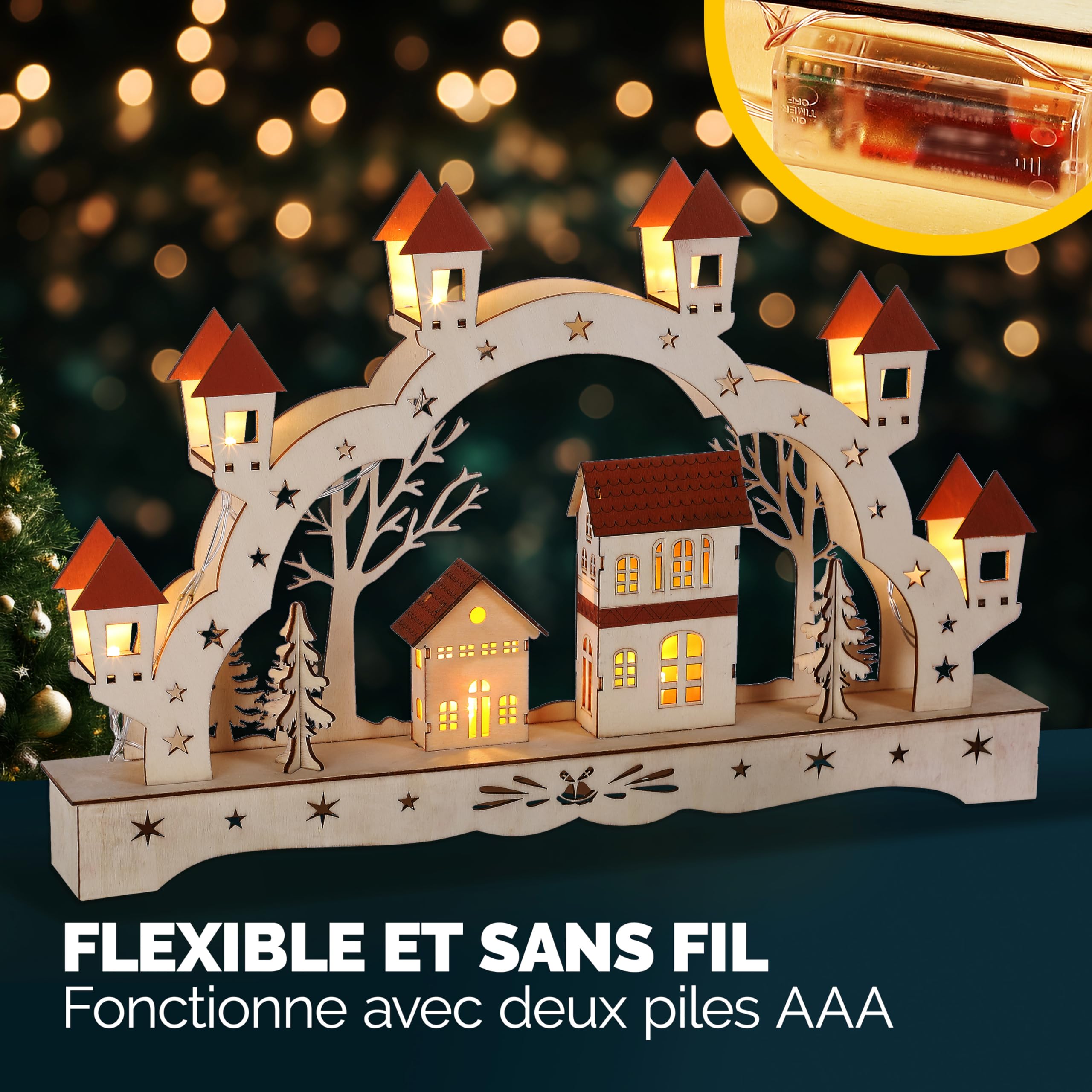 Monzana Arc Lumineux de Noël 'Paysage' à 8 LED décoration en Bois Illumination intérieur Effet 3D Arche Lumineuse fêtes