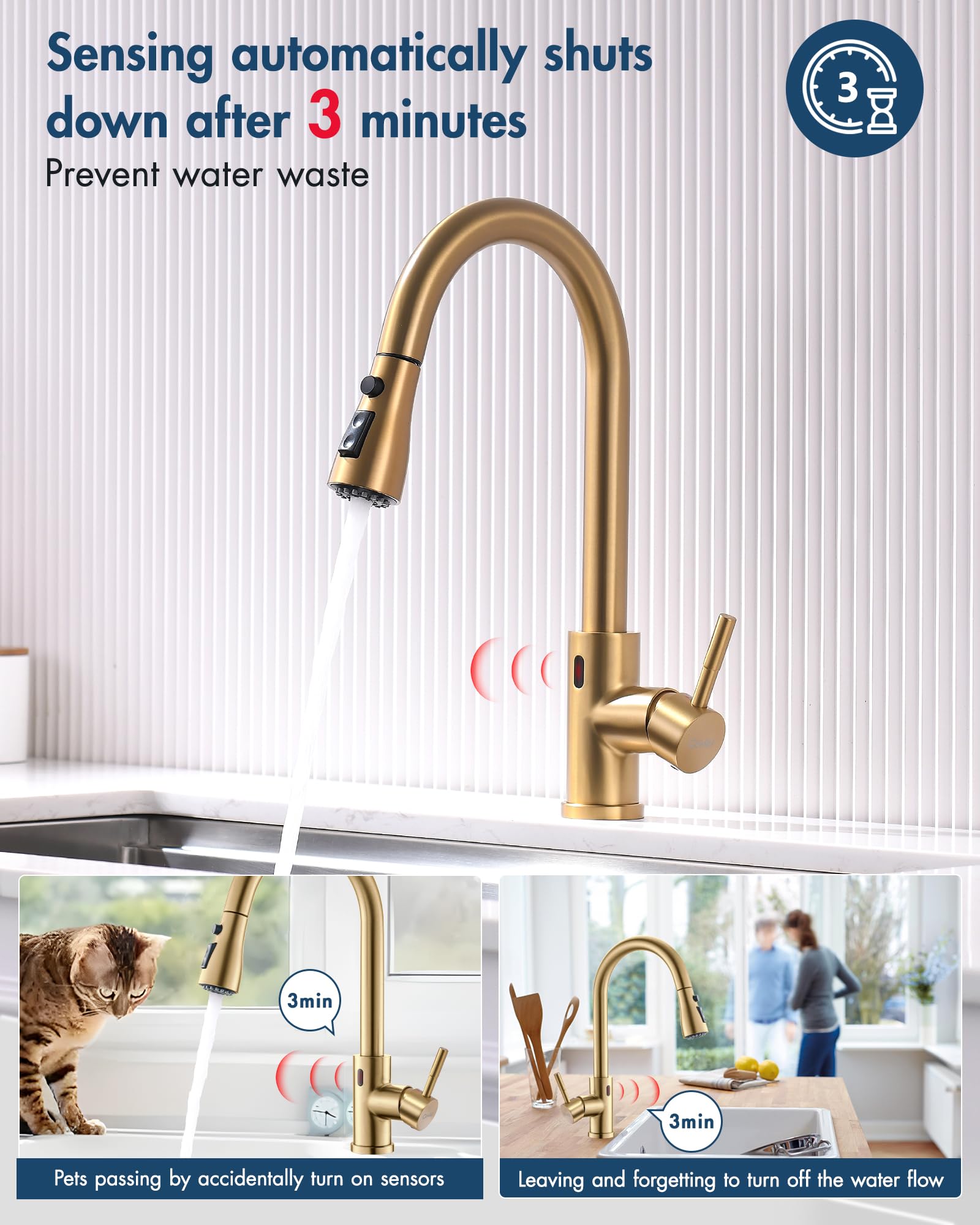GIMILI Grifo de cocina sin contacto con pulverizador extraíble, oro cepillado | Grifo de fregadero de latón activado inteligente manos libres con sensor de movimiento