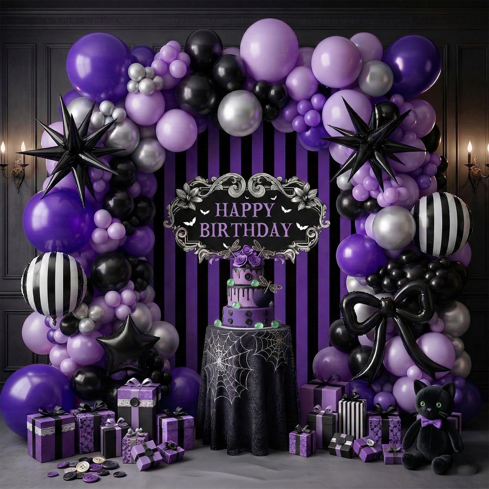 Purple Black Balloon Arch Garland Kit with Bow Star Mylar balloons and Gothic Birthday Backdrop Black white striped balloons for Gothic Girl TV Drama