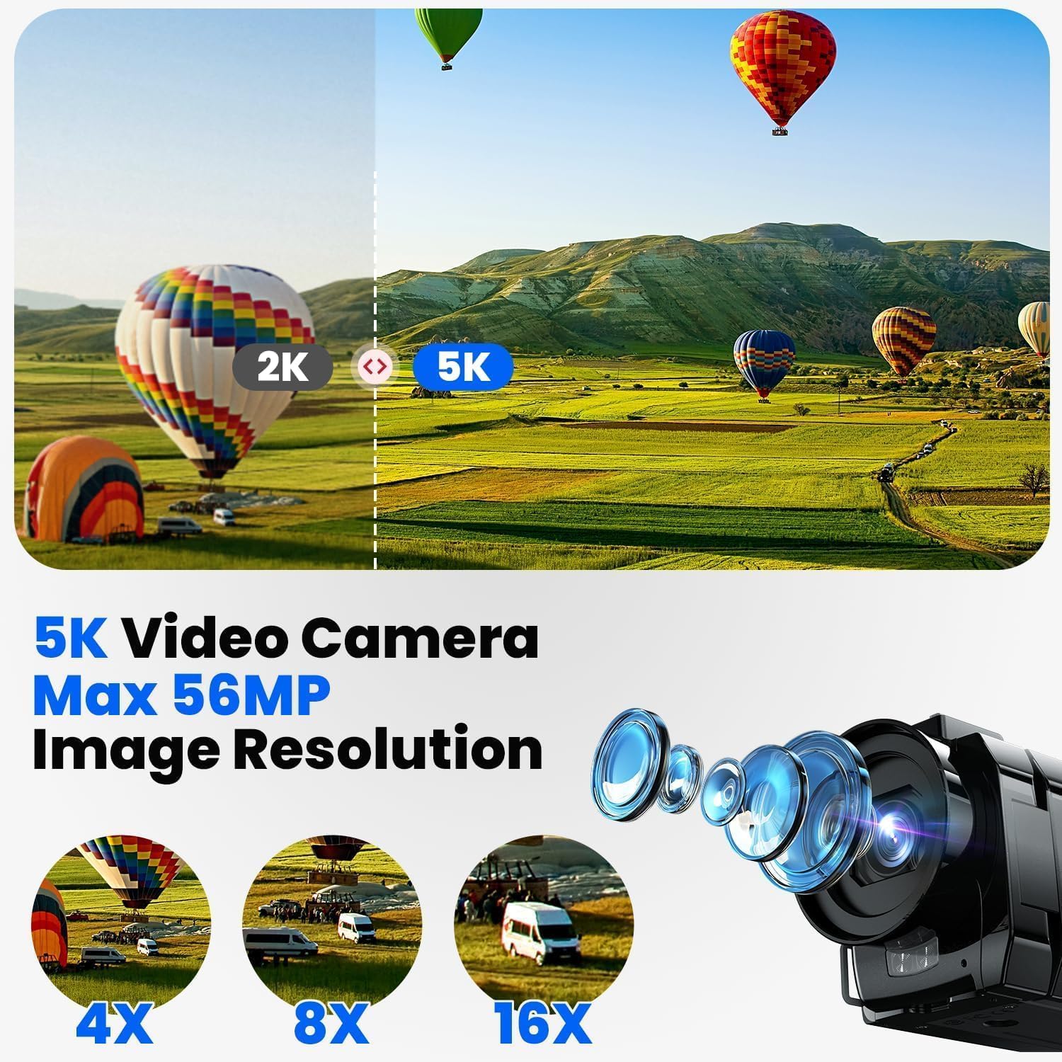 Caméra Vidéo 5K WiFi 56MP Double Objectif 16X Zoom Numérique IR Vision Nocturne 3" Écran Tactile avec 2 Piles et Carte 64 Go