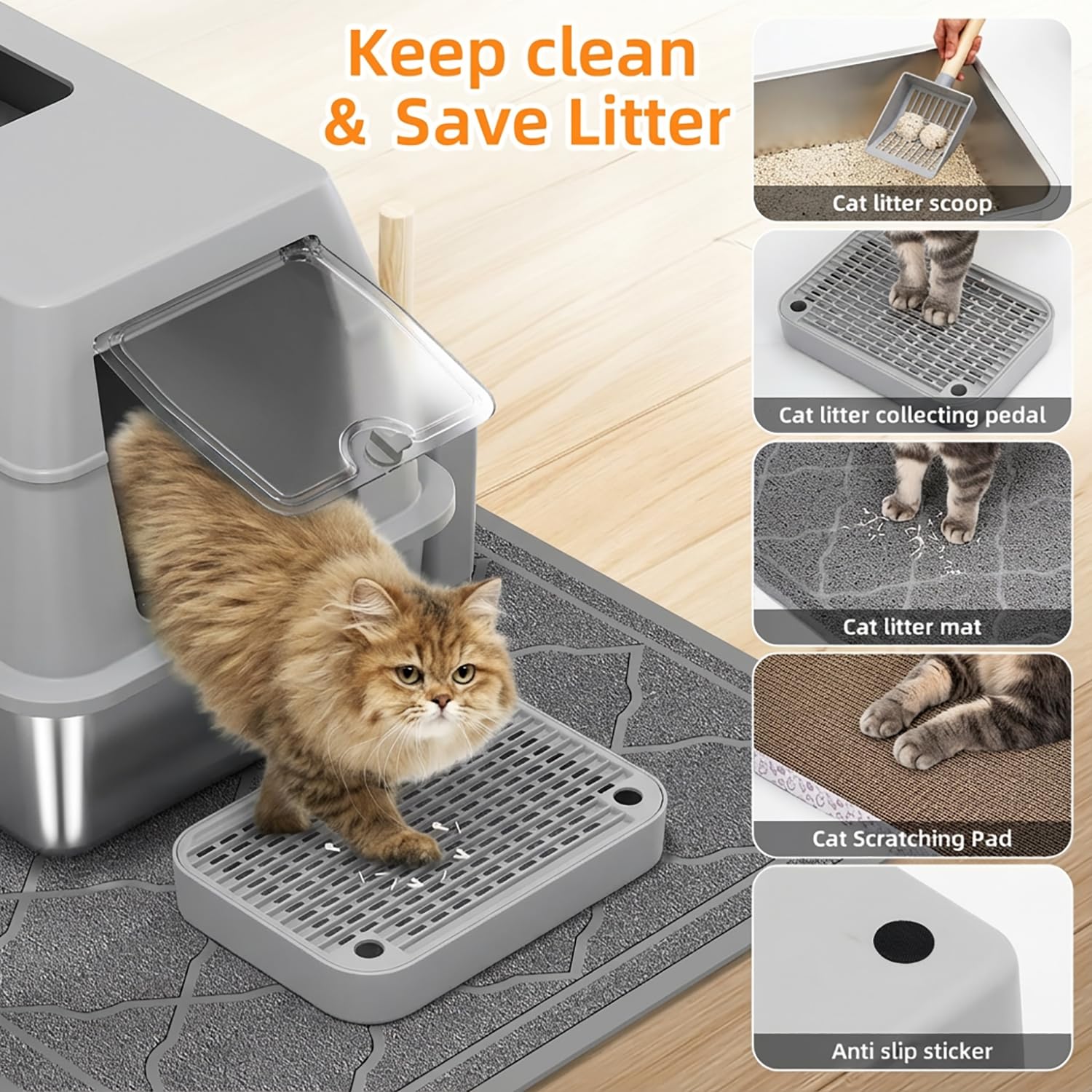 Stainless Steel Litter Box with Lid,Front Entry Top Exit Kitty LitterBox,Extra Large Enclosed Metal Cat Box with Litter Scoop & Litter Mat-Light Gray - image 5