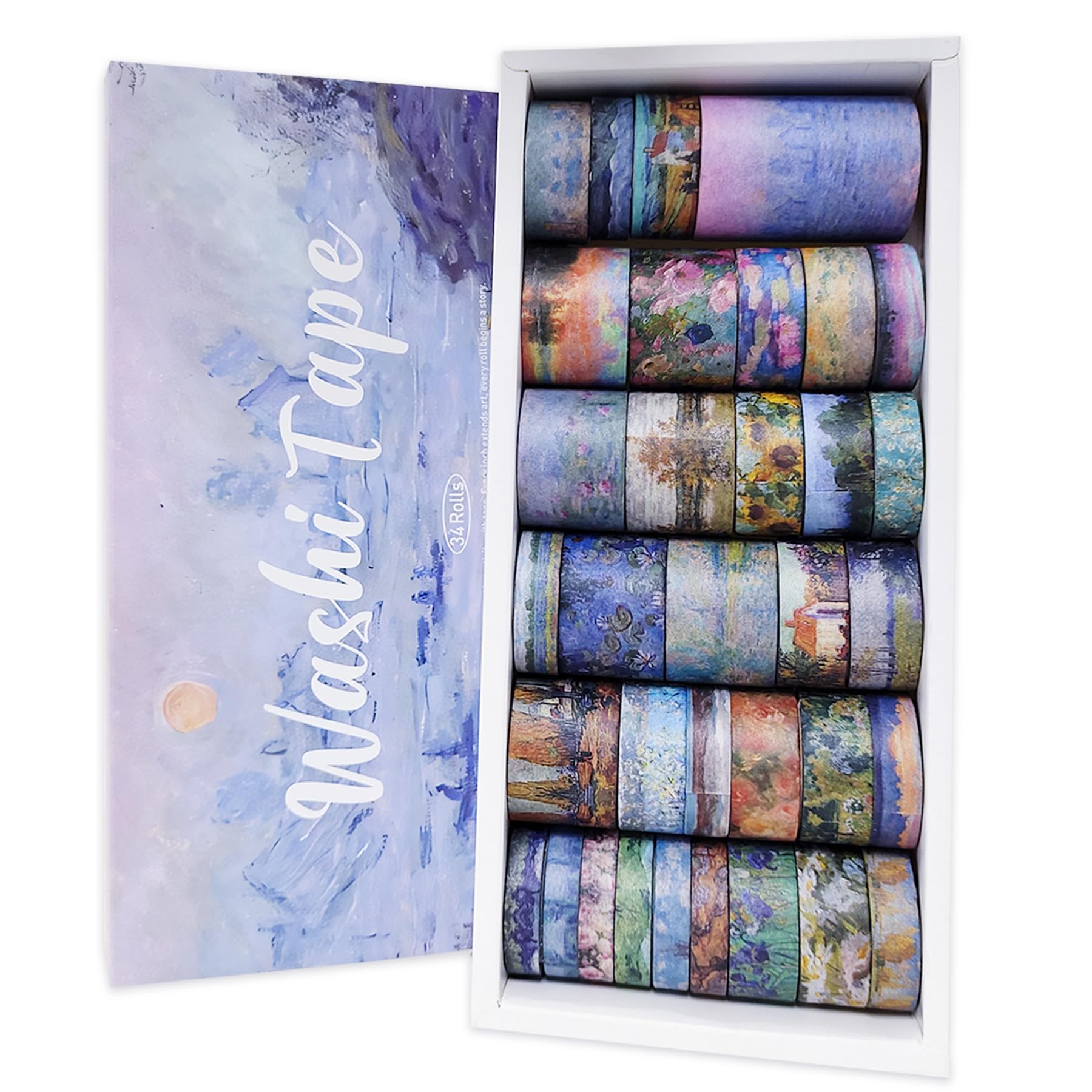 bomichi 34 Rolls Monet-Inspired Washi Tape Set - Impressionist Art Decorative Scrapbook Tapes for Journaling, Crafting, DIY | Acid-Free Repositionable Adhesive | Gift Packaging