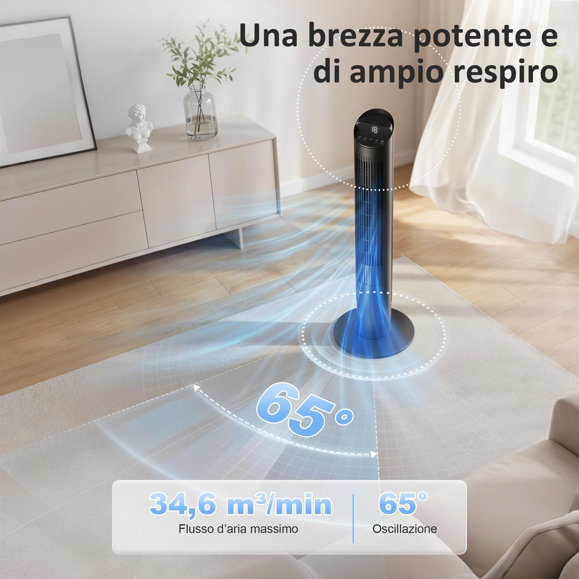 HOMCOM Ventilatore a Torre 116 cm con App WIFI e Telecomando, Ventilatore a Colonna Silenziosa con 6 Velocità, 4 Modalità, Oscillazione 65°, Timer 12H, Schermo LED, 45W, per Camera da Letto, Nero