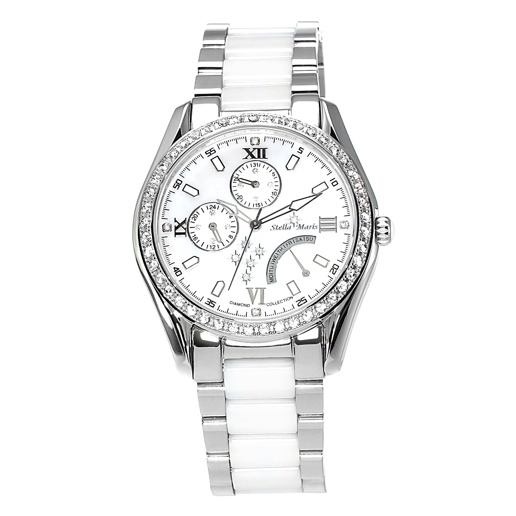 Stella Maris Damen Armbanduhr Analog Quarz Uhr Stilvolle Elegante Damenuhr Frauenuhr Weiß Silber Premium Keramik Armband Diamanten Swarovski STM15M1