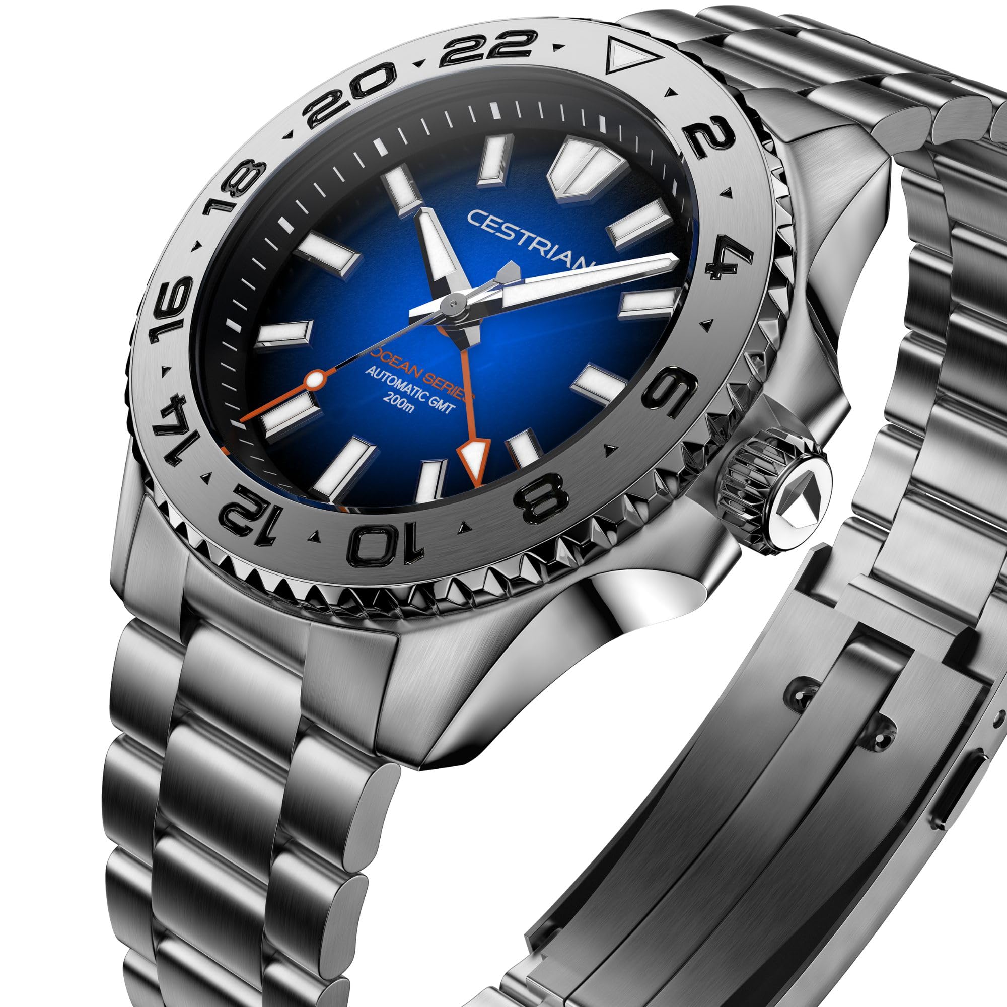 Cestrian Ocean Series 42 mm automatyczny zegarek męski - niebieska tarcza Fumé, koperta i bransoletka ze stali nierdzewnej 316L, wodoodporny 200 m